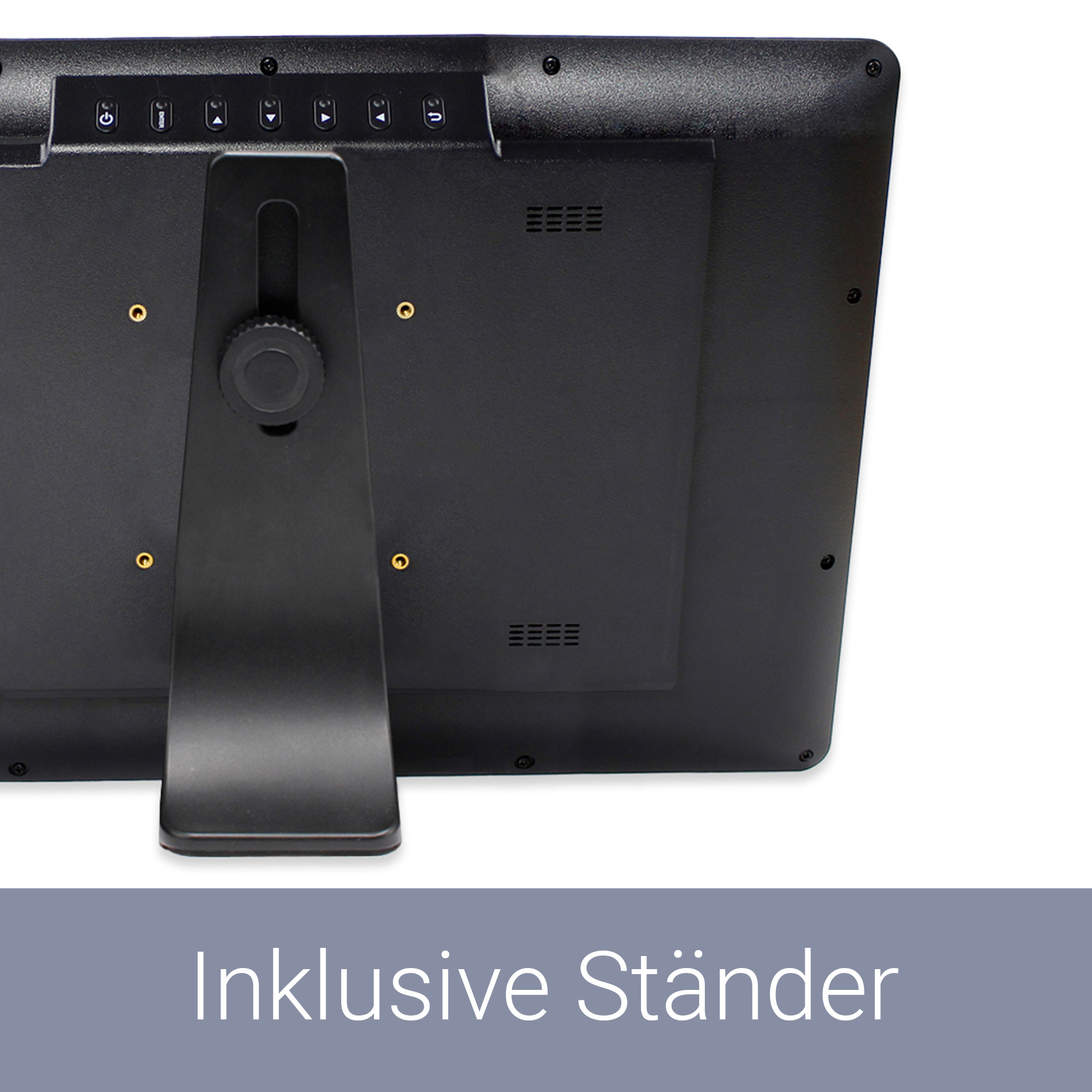 Rückseite eines schwarzen Monitors mit verstellbarem Ständer und Tasten.