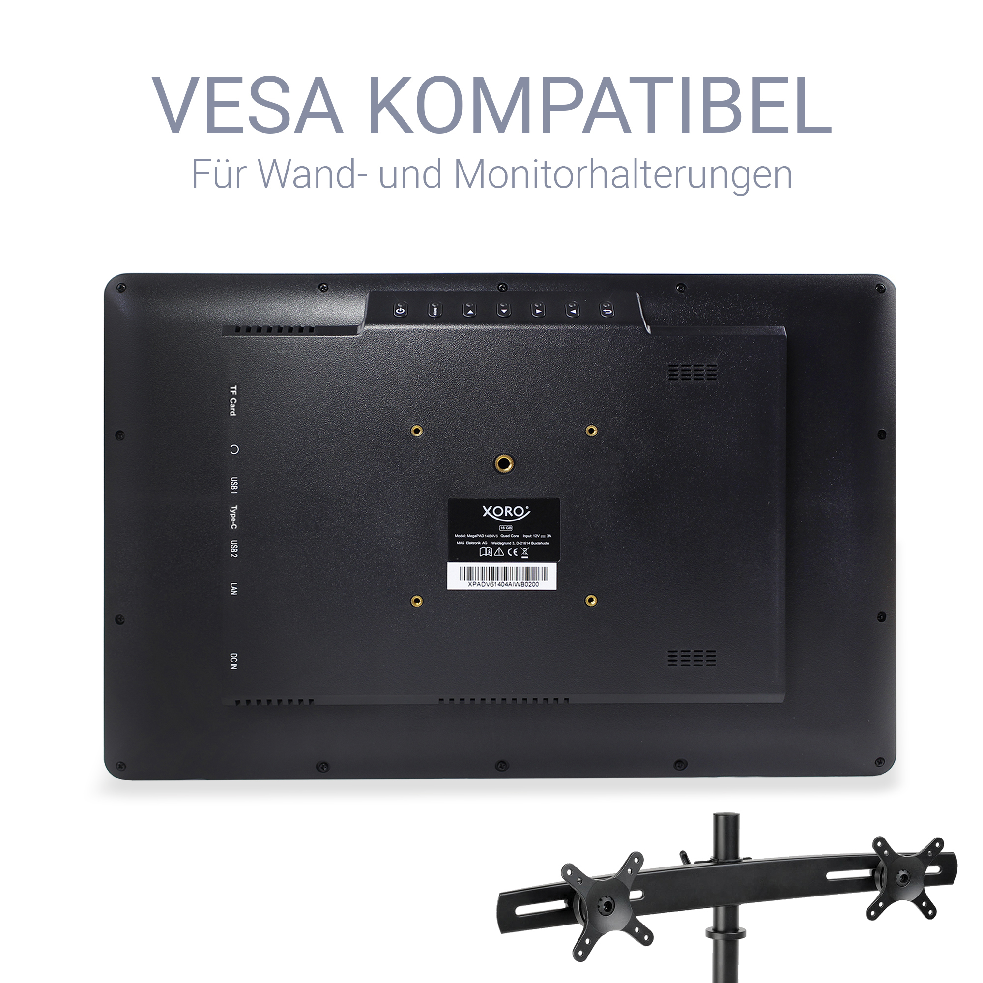 Rückseite eines Monitors mit Anschlüssen und VESA-Aufnahme, unten Monitorhalterung.