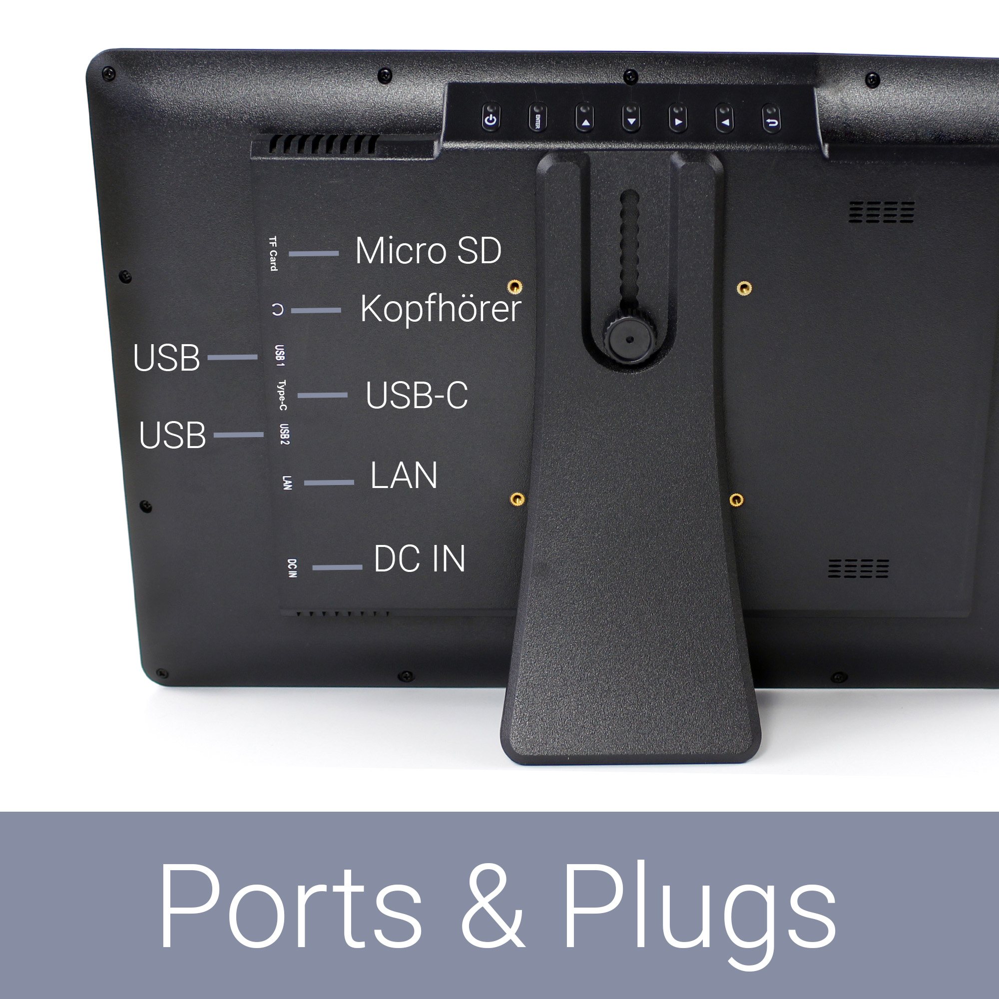 Rückseite mit Anschlüssen: USB, Micro SD, Kopfhörer, USB-C, LAN, DC IN.