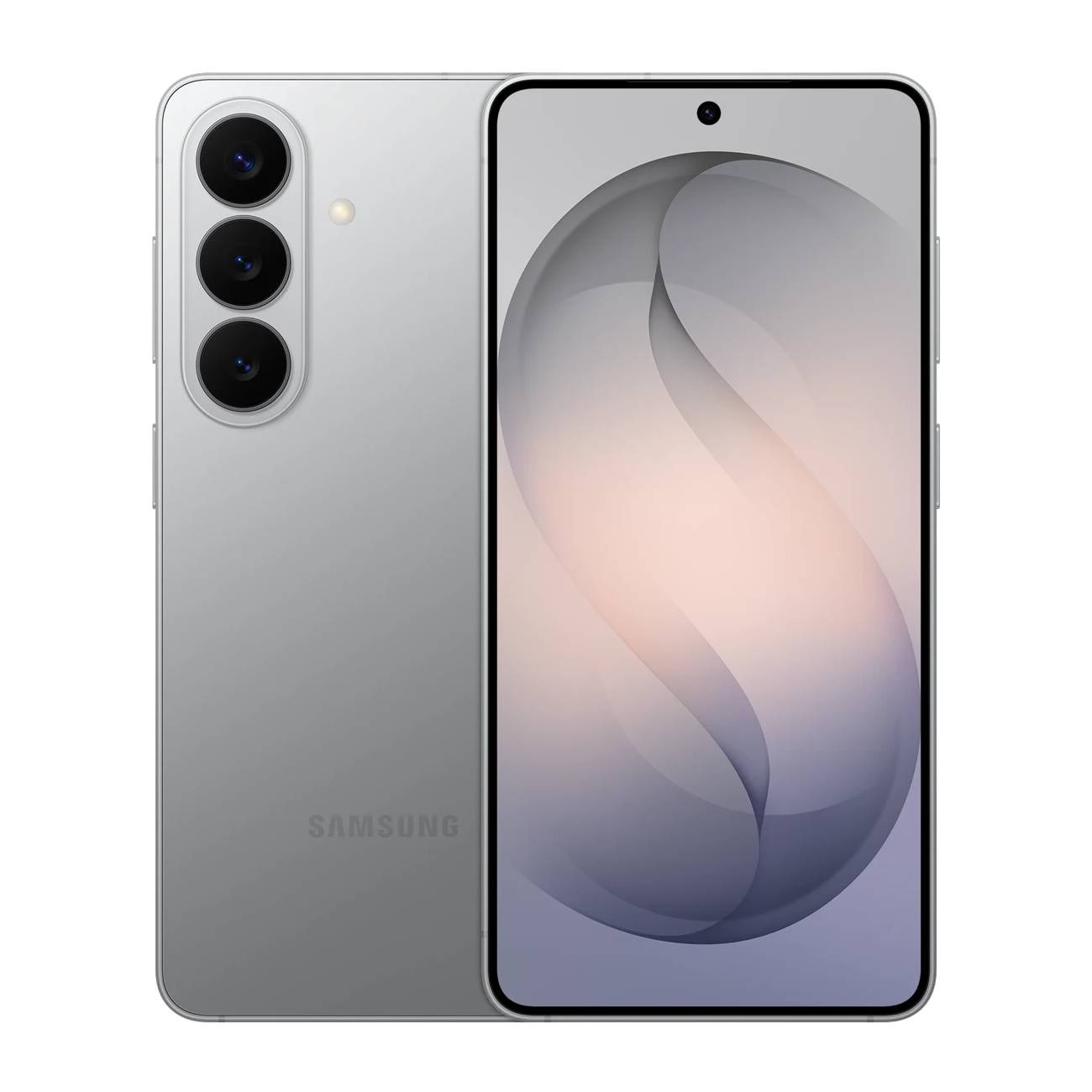 Arkada üç kamerası ve boş ekranı olan gümüş renkli Samsung akıllı telefon.