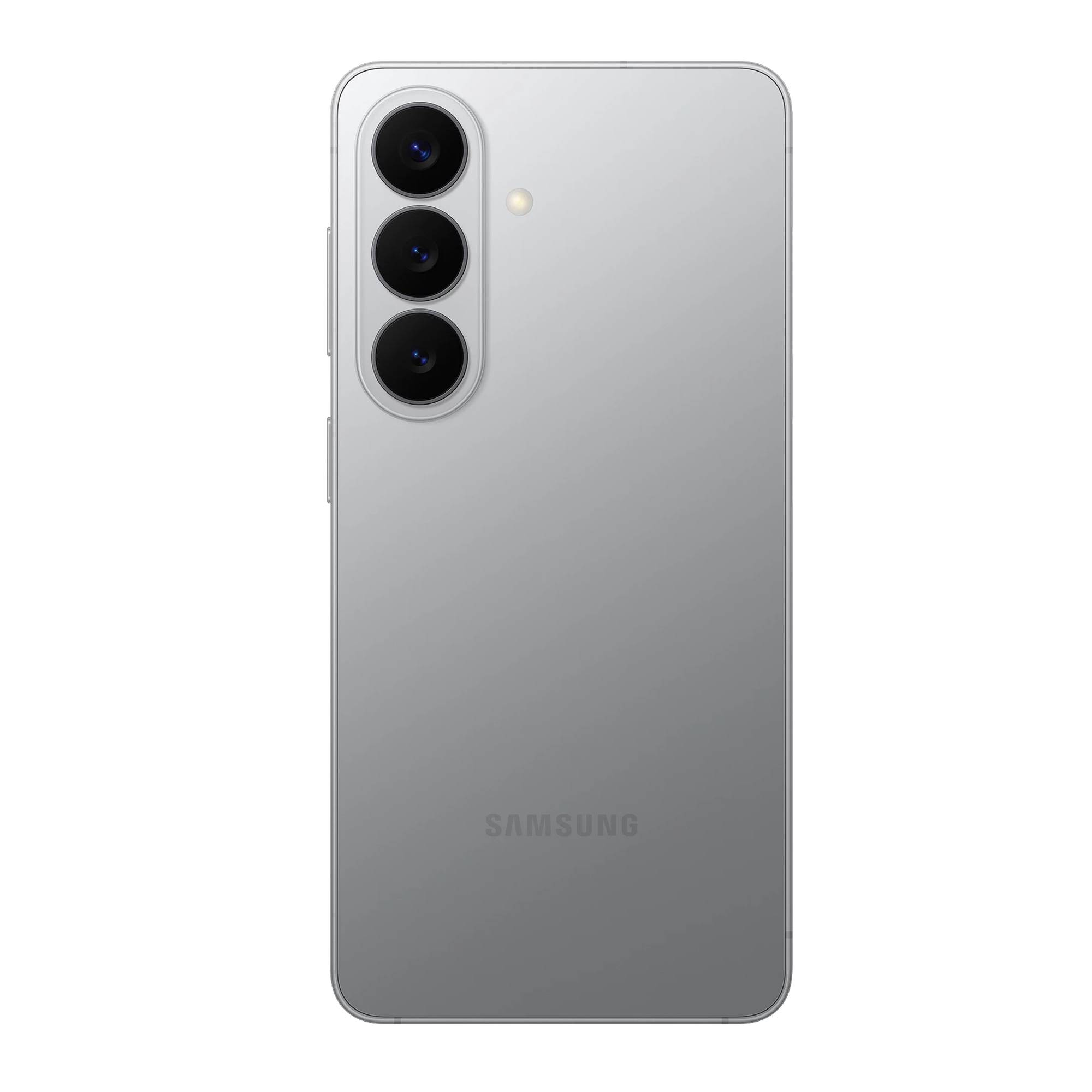 Üç kamera lensi ve flaşa sahip gümüş Samsung akıllı telefonun arkası.