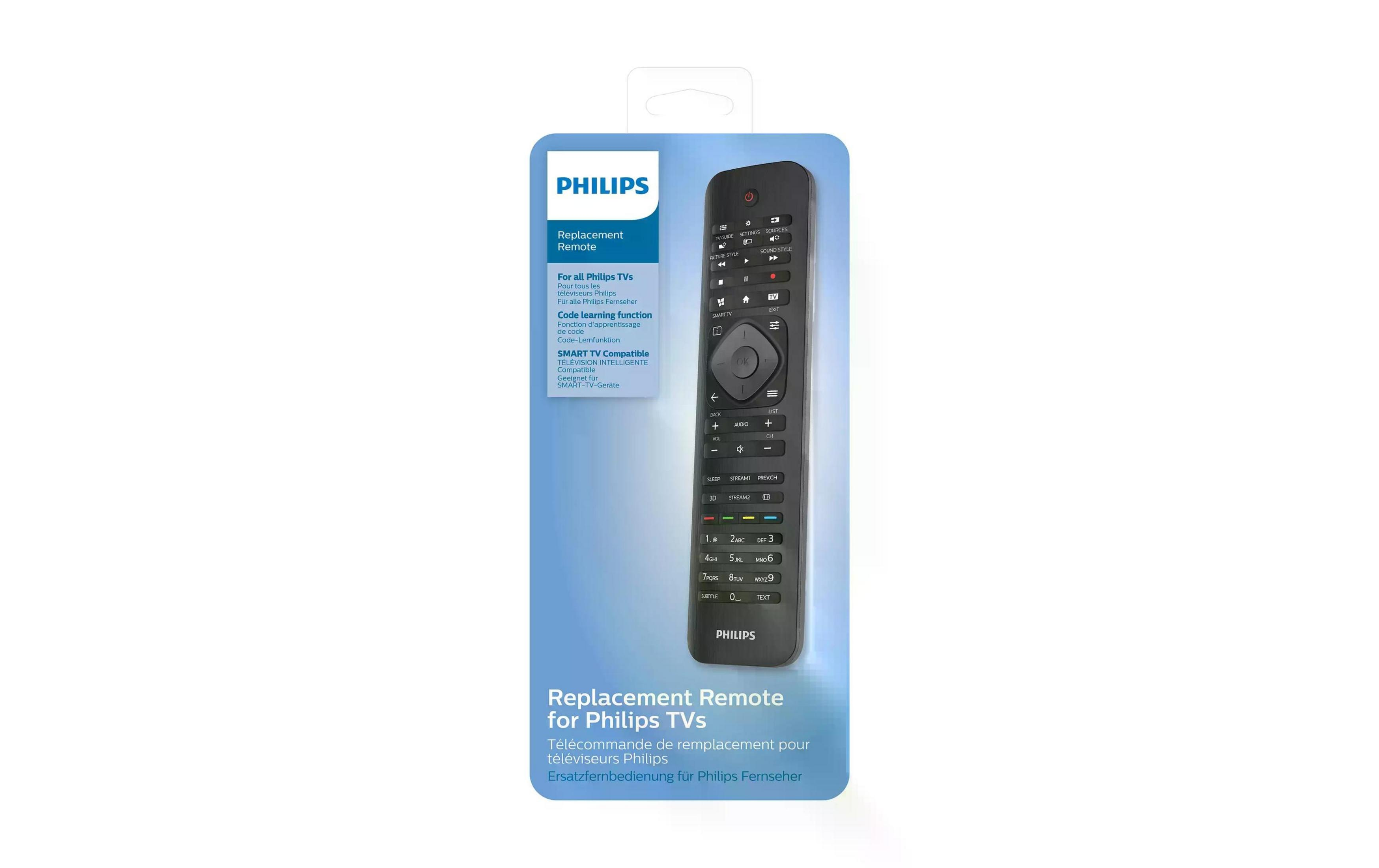 Verpackung mit Philips Ersatzfernbedienung für Fernseher, schwarz.