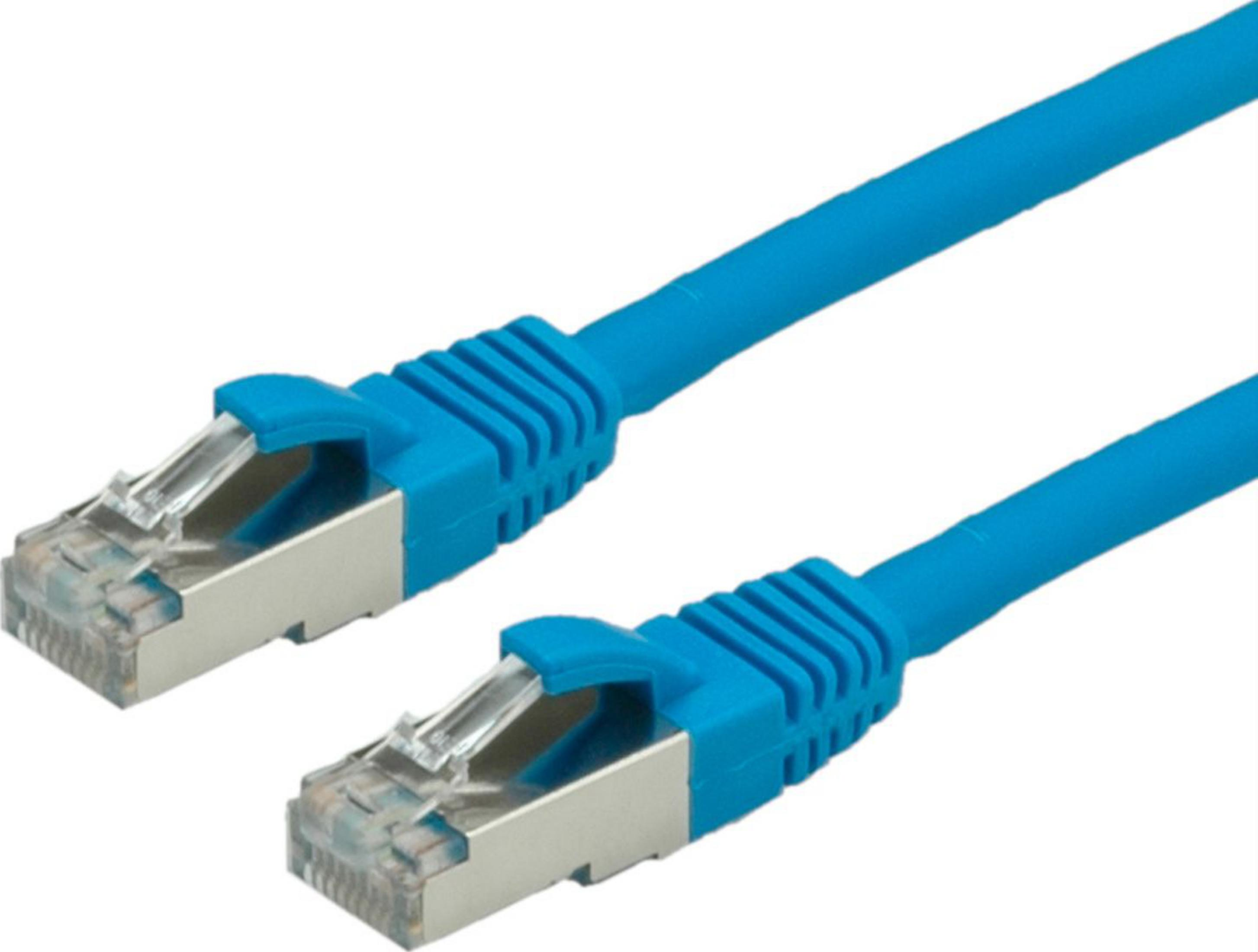 Twee blauwe netwerkkabels met RJ45-connectoren op witte achtergrond.
