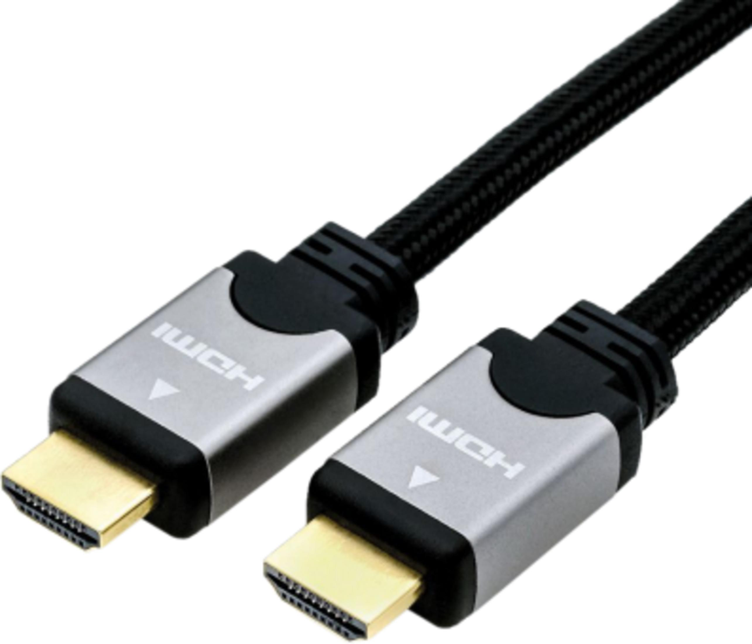 Ein HDMI-Kabel mit silbernen Anschlüssen und schwarzem Geflecht.