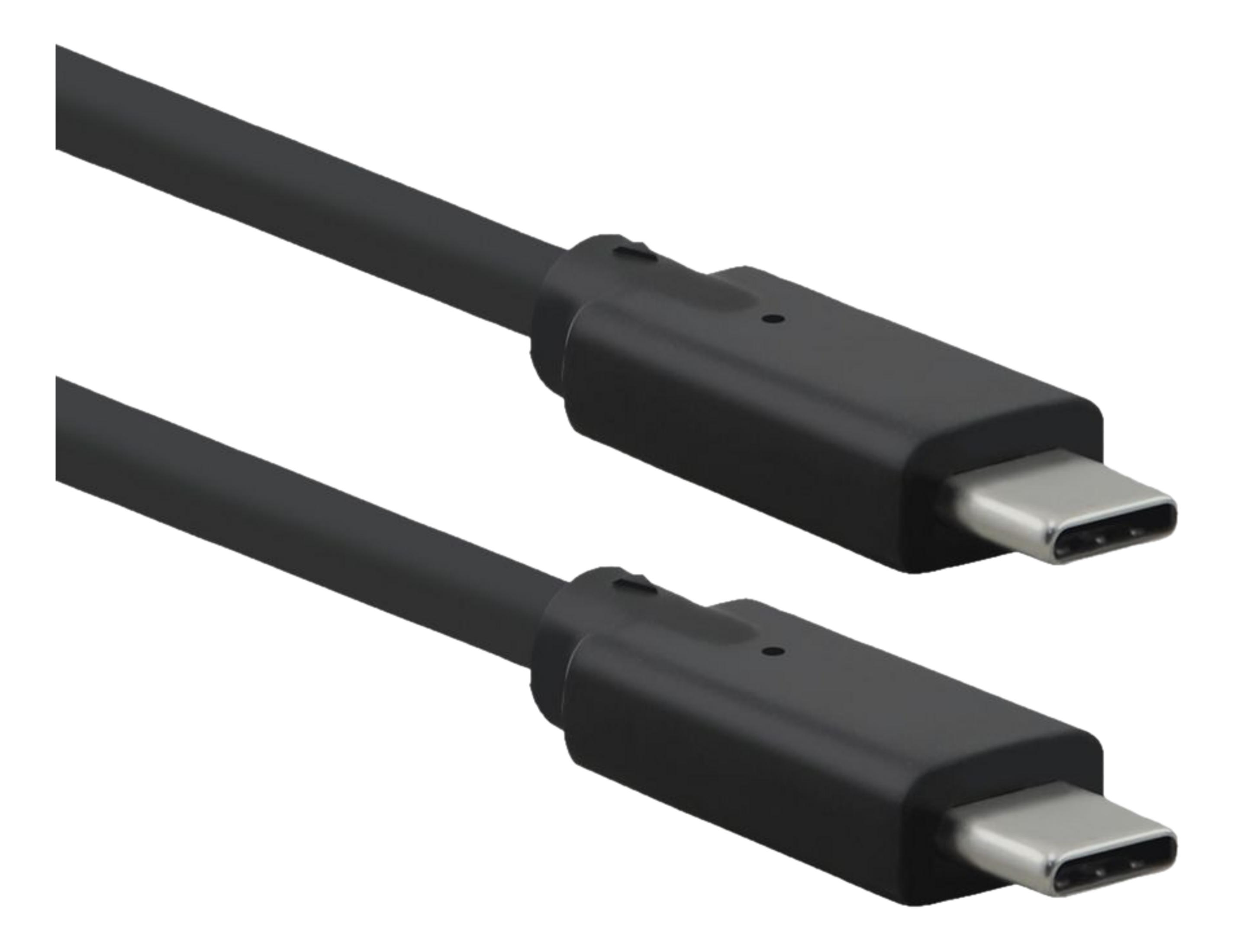 Due cavi USB-C neri con connettori argentati su sfondo bianco.