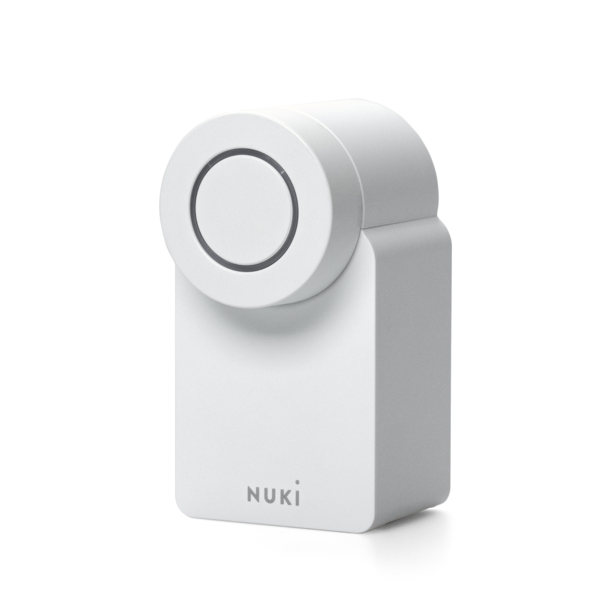 Een witte Nuki Smart Lock met cirkelvormig element en logo.