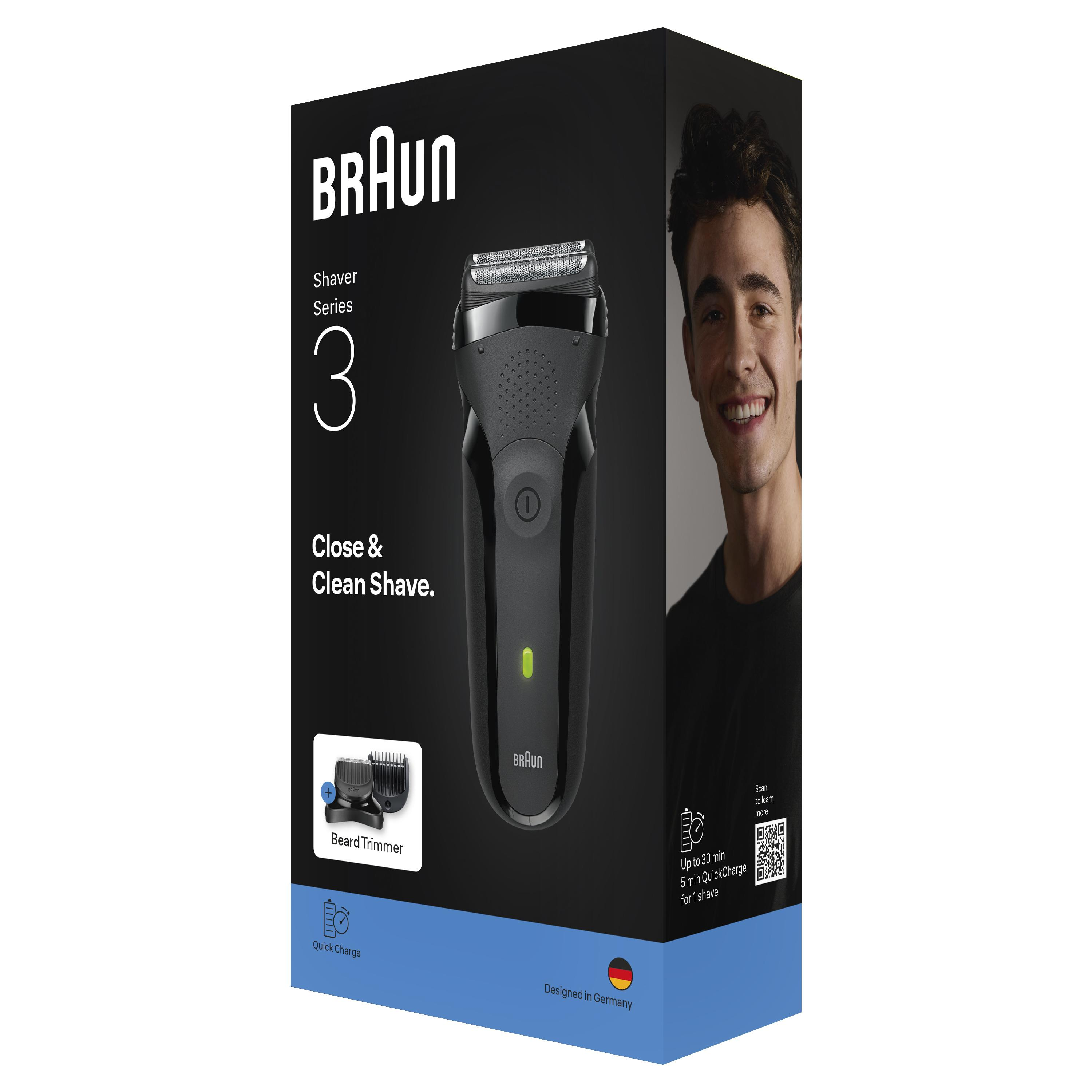 Sakallı düzeltici, hızlı şarjlı Braun Series 3 tıraş makinesi. Gülen adam.
