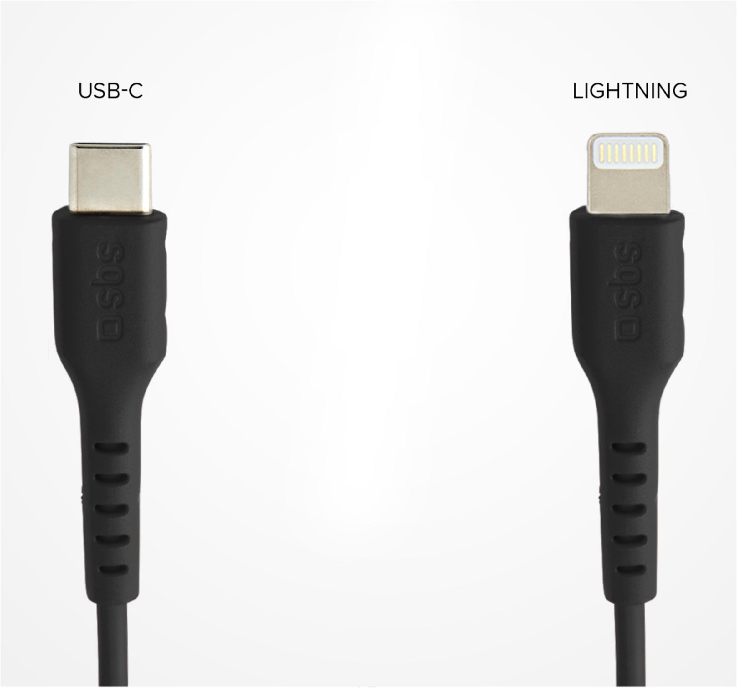 Zwei schwarze Ladekabel: USB-C und Lightning-Anschluss.