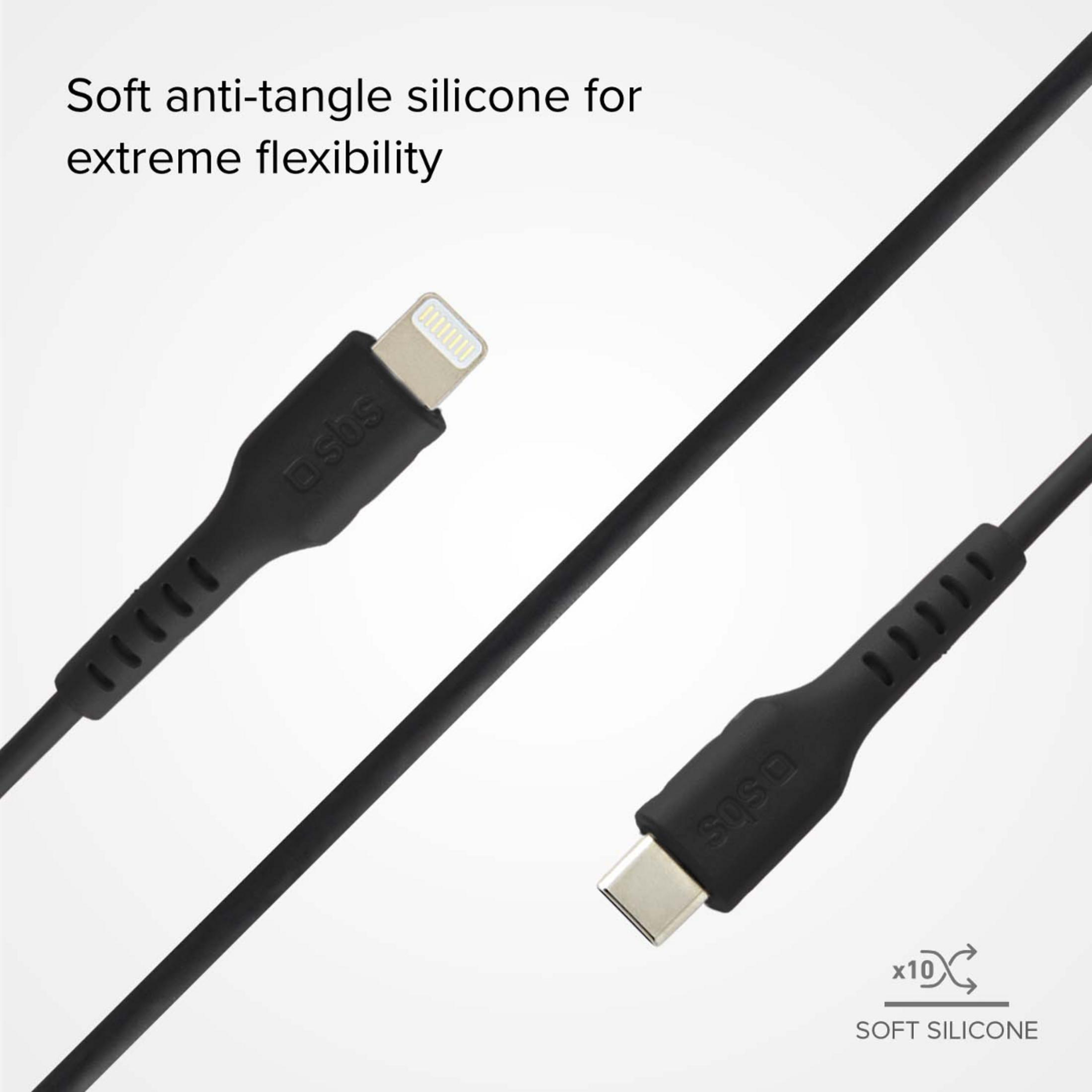 Schwarzes Kabel mit Lightning- und USB-C-Anschlüssen, weiches Silikon.