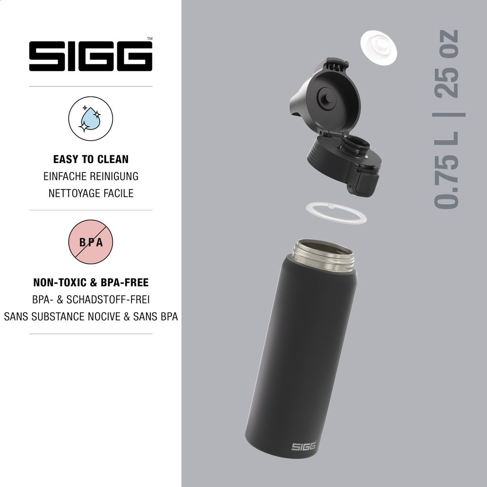Eine schwarze SIGG-Flasche mit zerlegtem Deckel und einem BPA-freien Siegel.