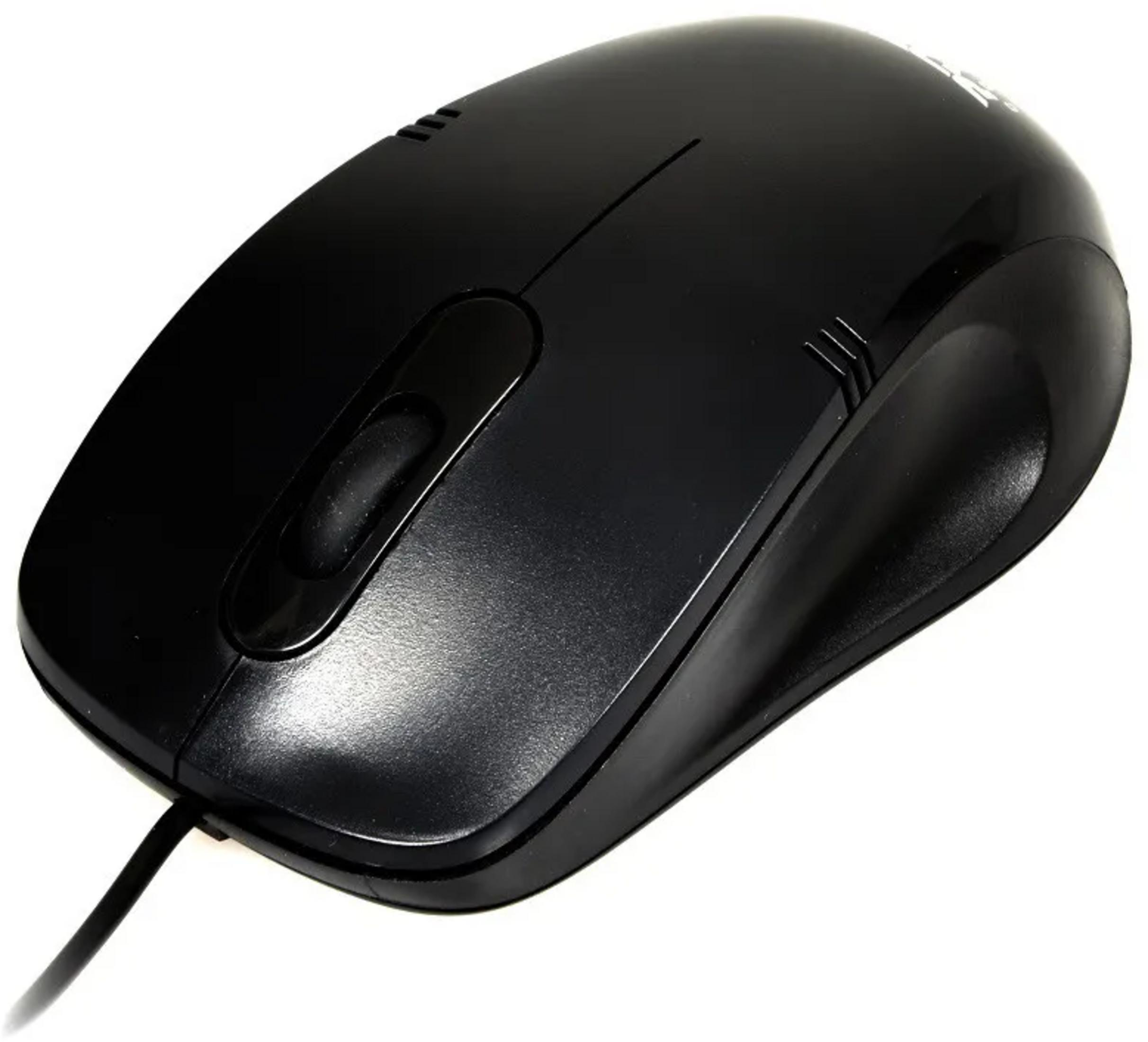 Ratón de ordenador negro con rueda y cable sobre fondo blanco.