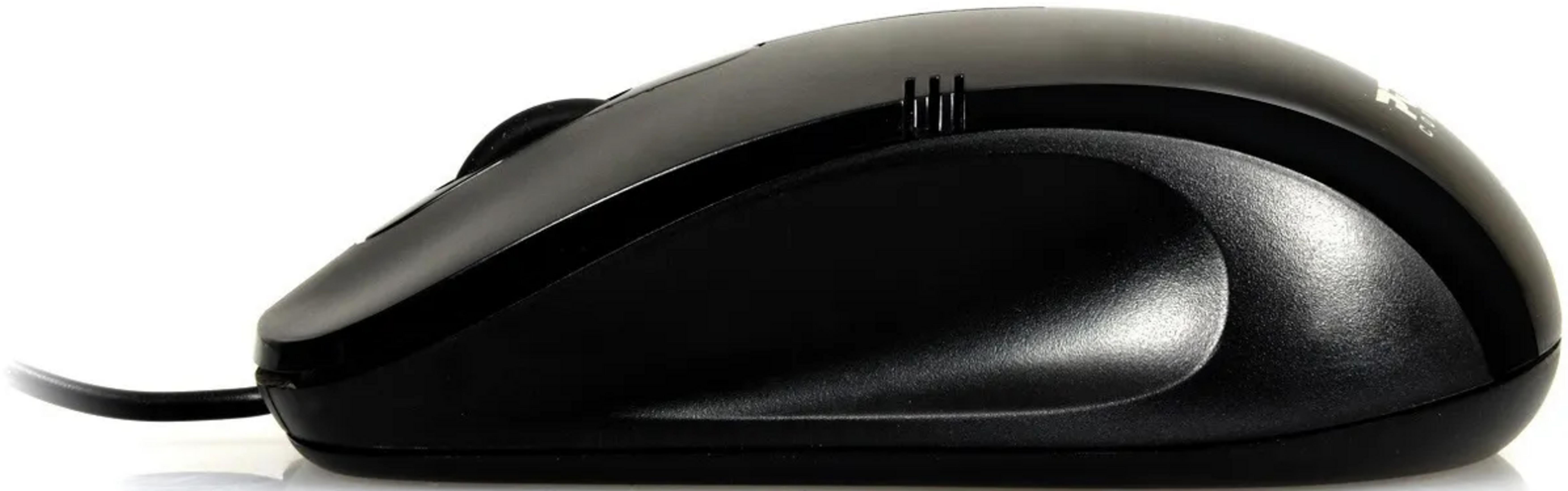 Un ratón de ordenador negro con rueda y cable.