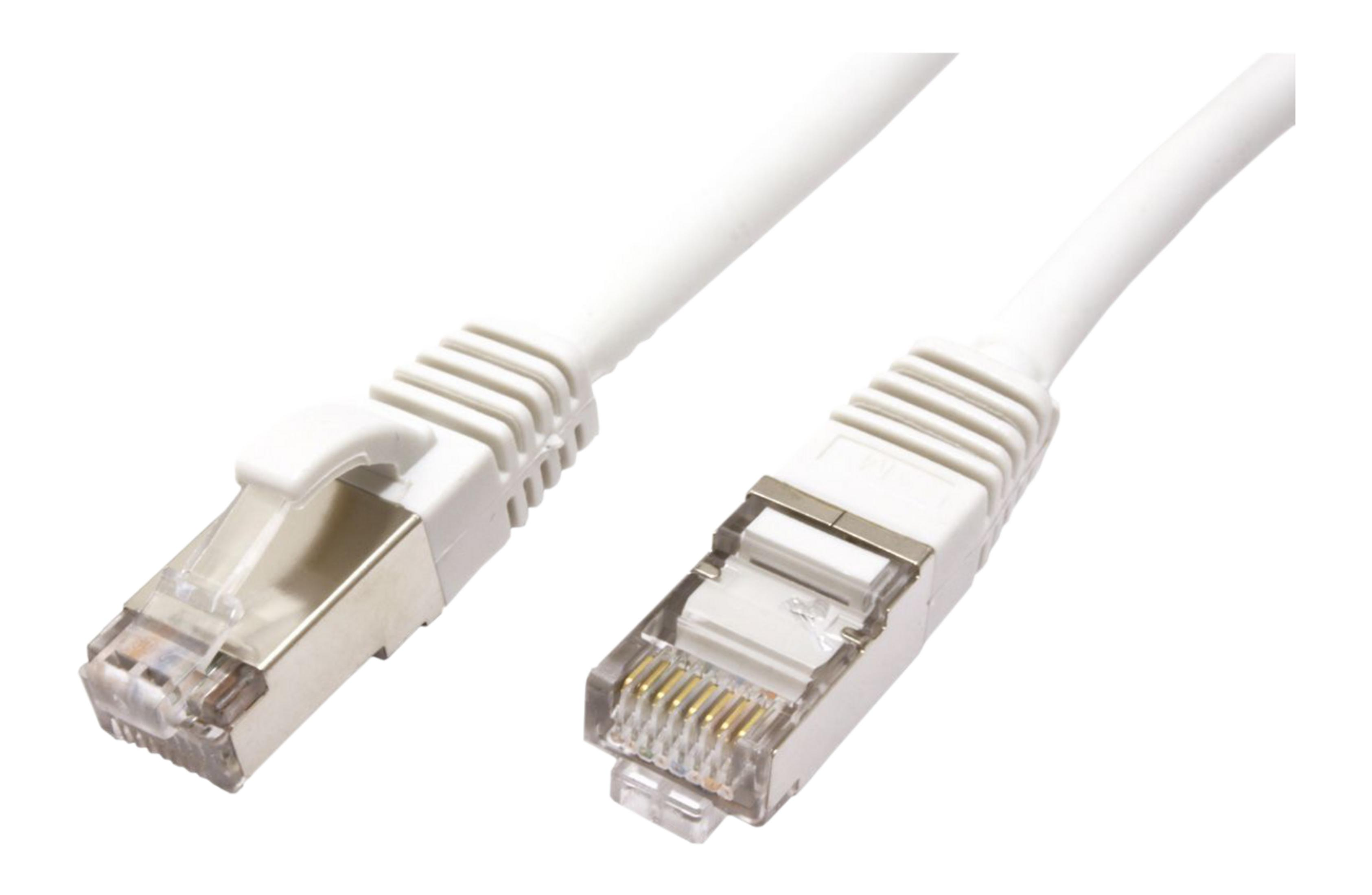 Deux connecteurs de câble Ethernet blancs avec des broches métalliques argentées sur fond blanc.
