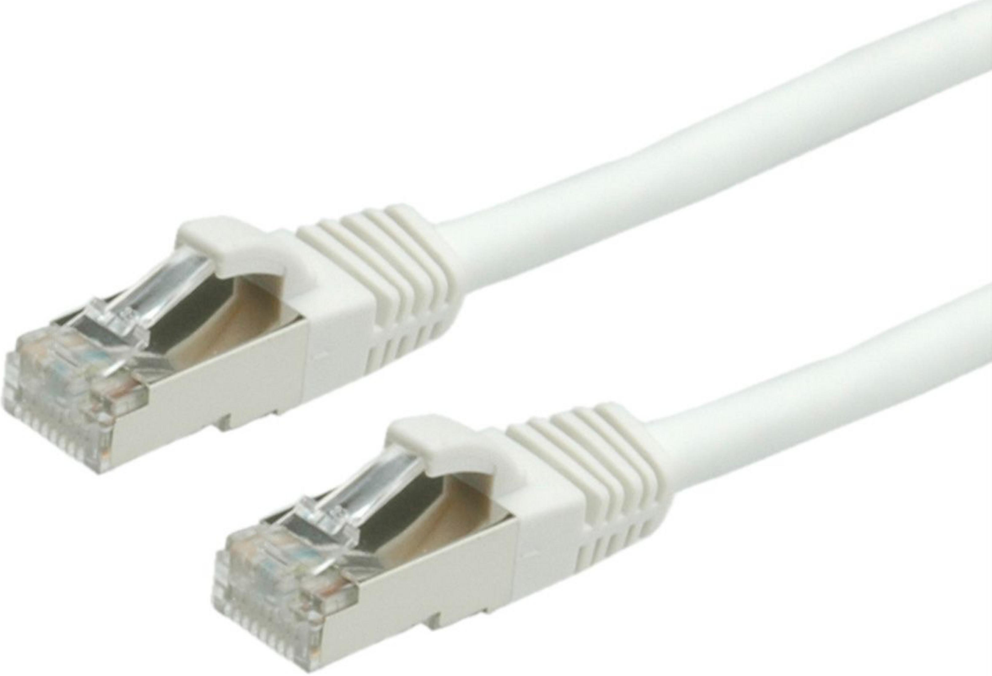 Deux câbles Ethernet blancs avec connecteurs RJ45 transparents sur fond blanc.