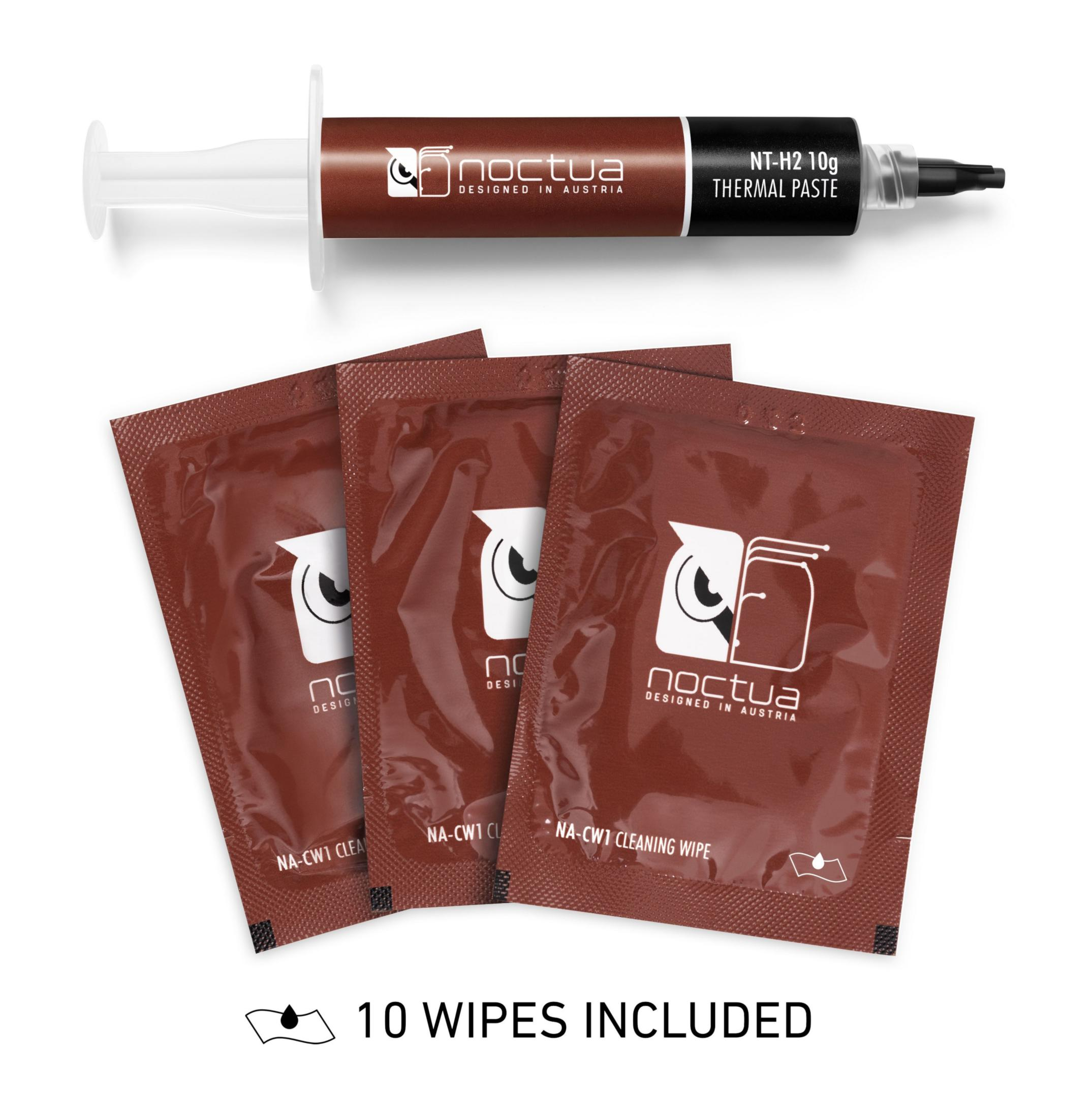 Eine Spritze mit NT-H2 Wärmeleitpaste und drei Reinigungstüchern von Noctua.