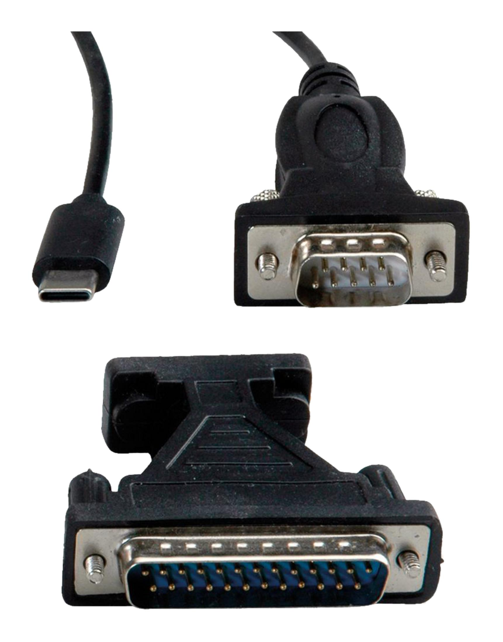 USB-C-Stecker, 9-poliger Stecker und 25-poliger Stecker auf weißem Hintergrund.