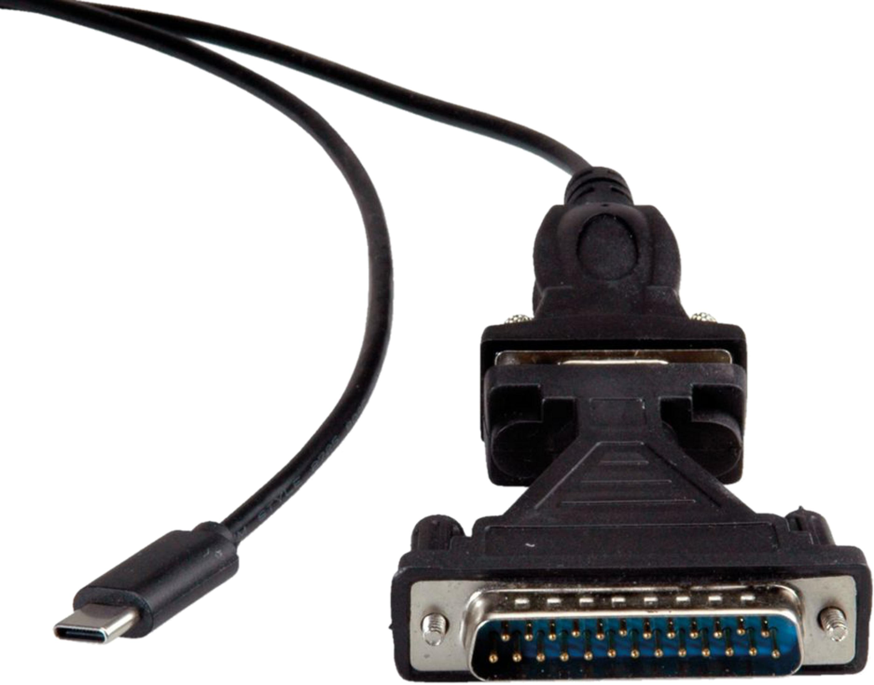 Ein schwarzes Kabel mit USB-C und DB25-Anschluss.