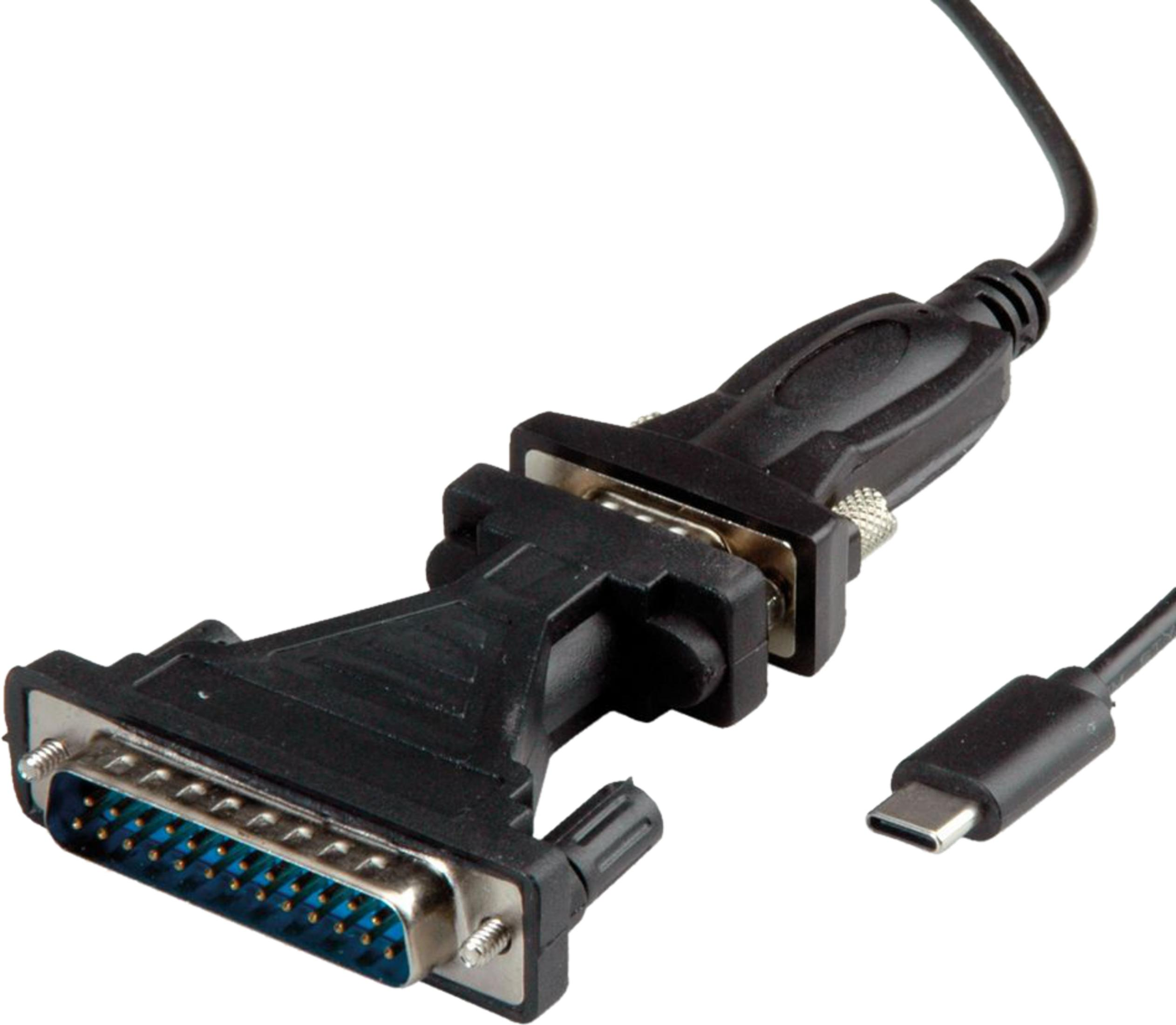 Ein schwarzes Kabel mit DB25 und USB-C Anschlüssen auf weißem Grund.