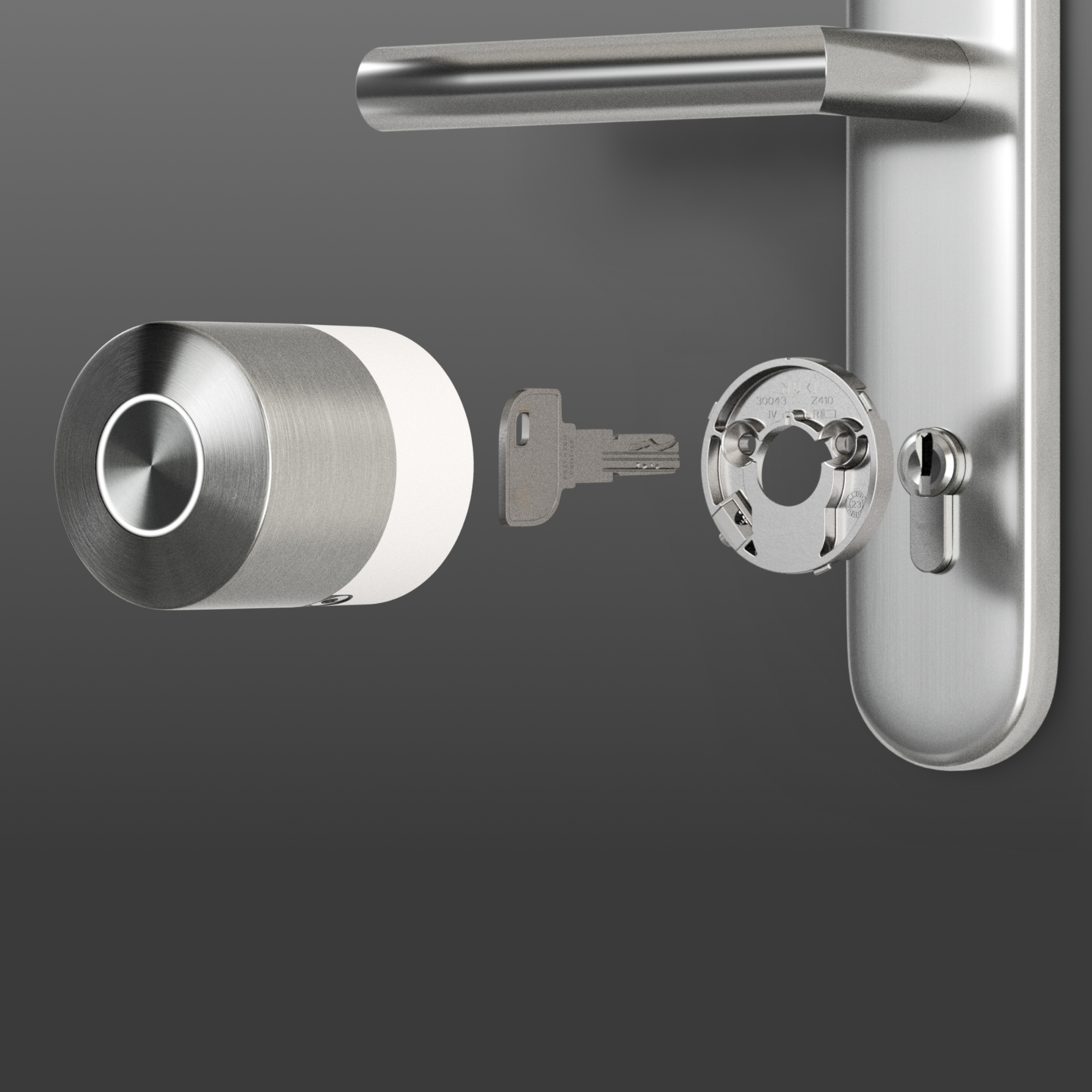 A silver door handle with cylinder, key, and mounting plate on a dark background.