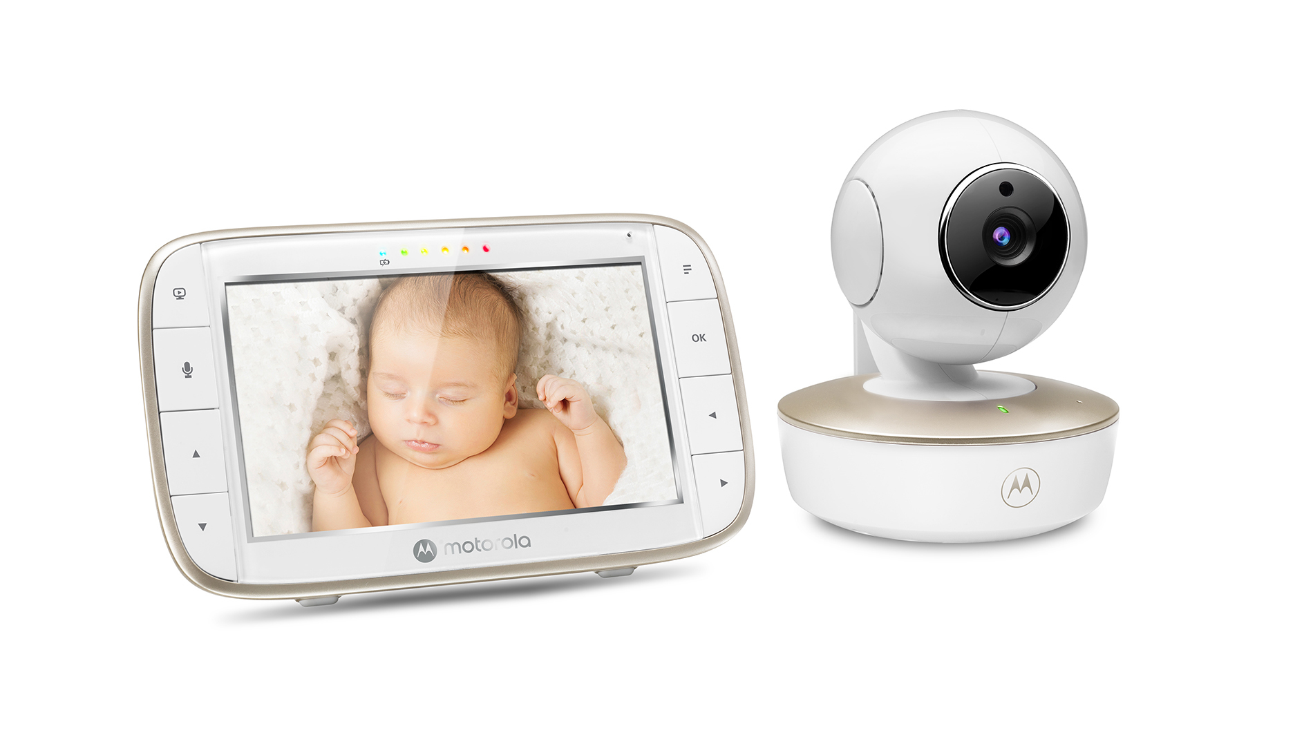 Ein Baby Monitor mit Kamera und Bildschirm, der ein schlafendes Baby zeigt.