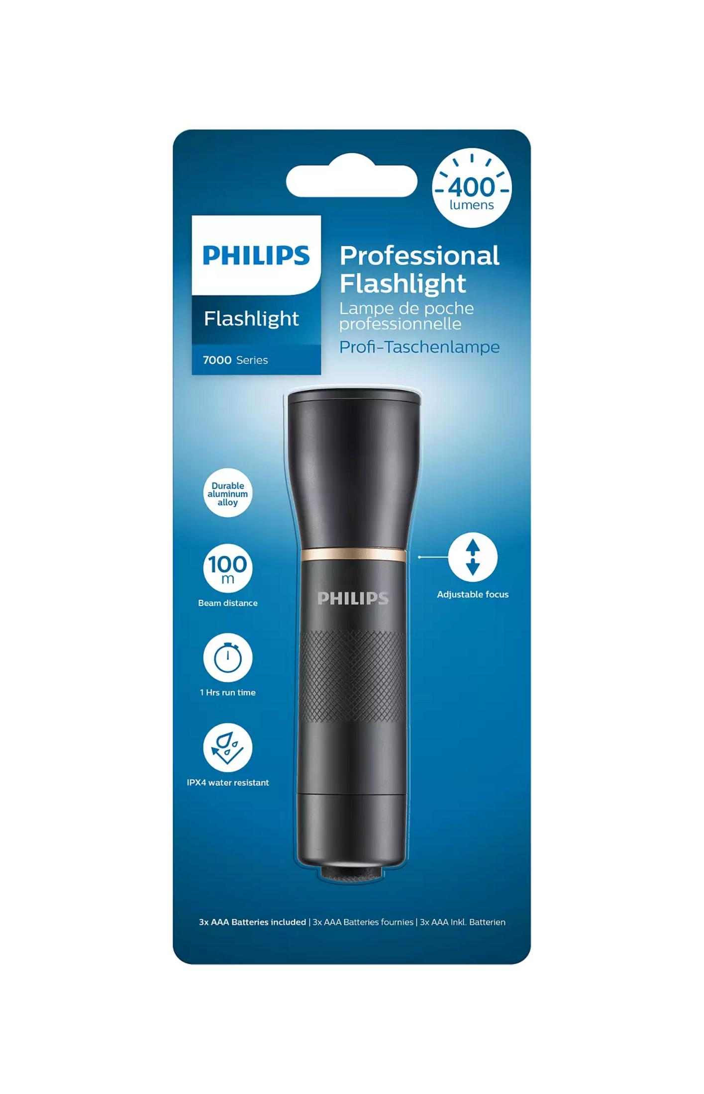 Philips Professional Taschenlampe Verpackung mit schwarzer Taschenlampe, Goldakzenten und Produktdaten.