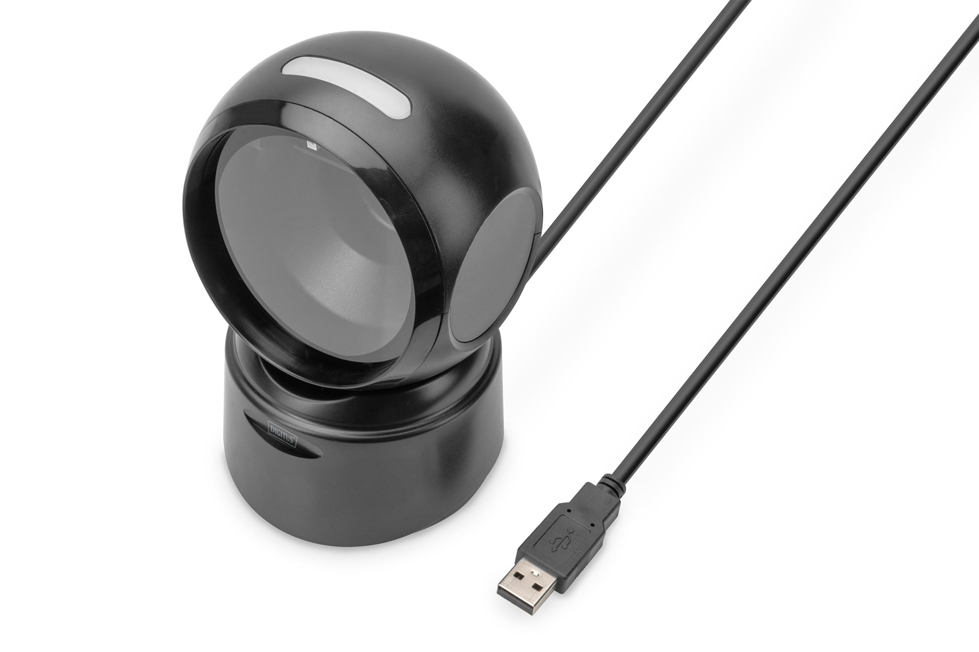 Uno scanner di codici a barre nero con cavo USB su sfondo bianco.