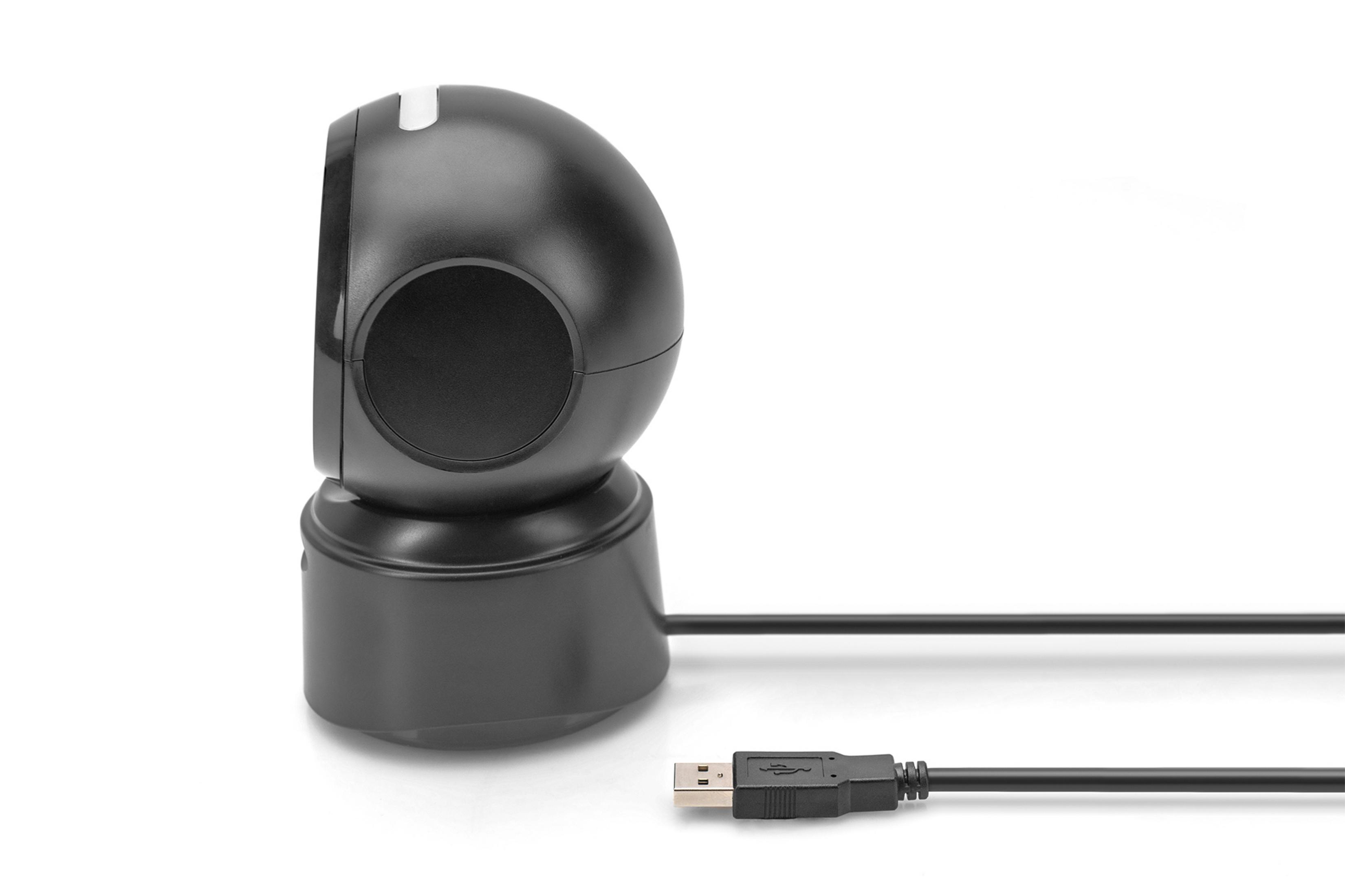 Uno scanner di codici a barre nero con cavo USB su sfondo bianco.