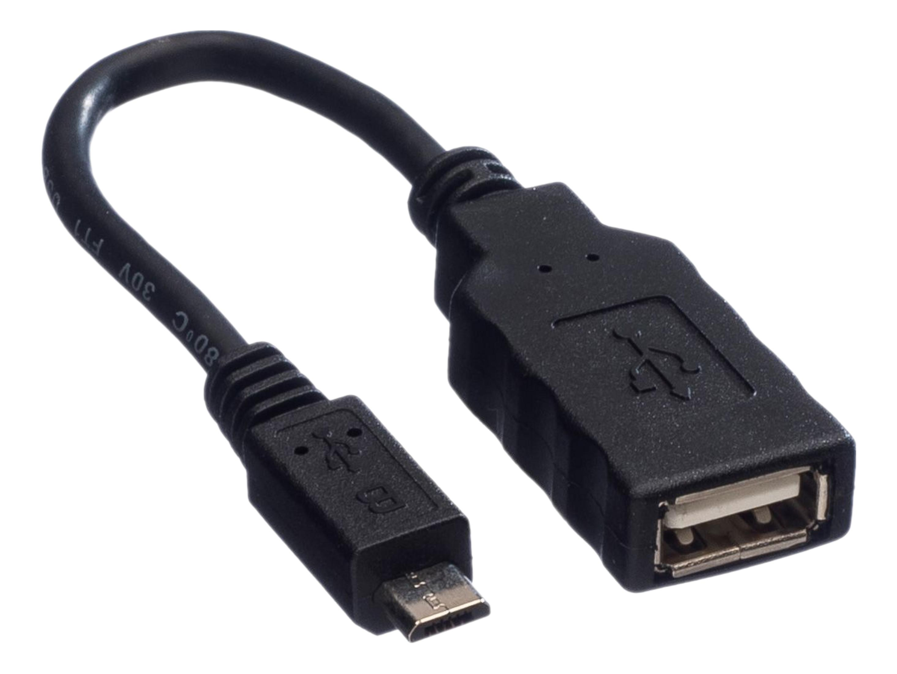 Een zwarte USB OTG-adapterkabel met micro-USB mannelijke connector en USB A vrouwelijke poort.
