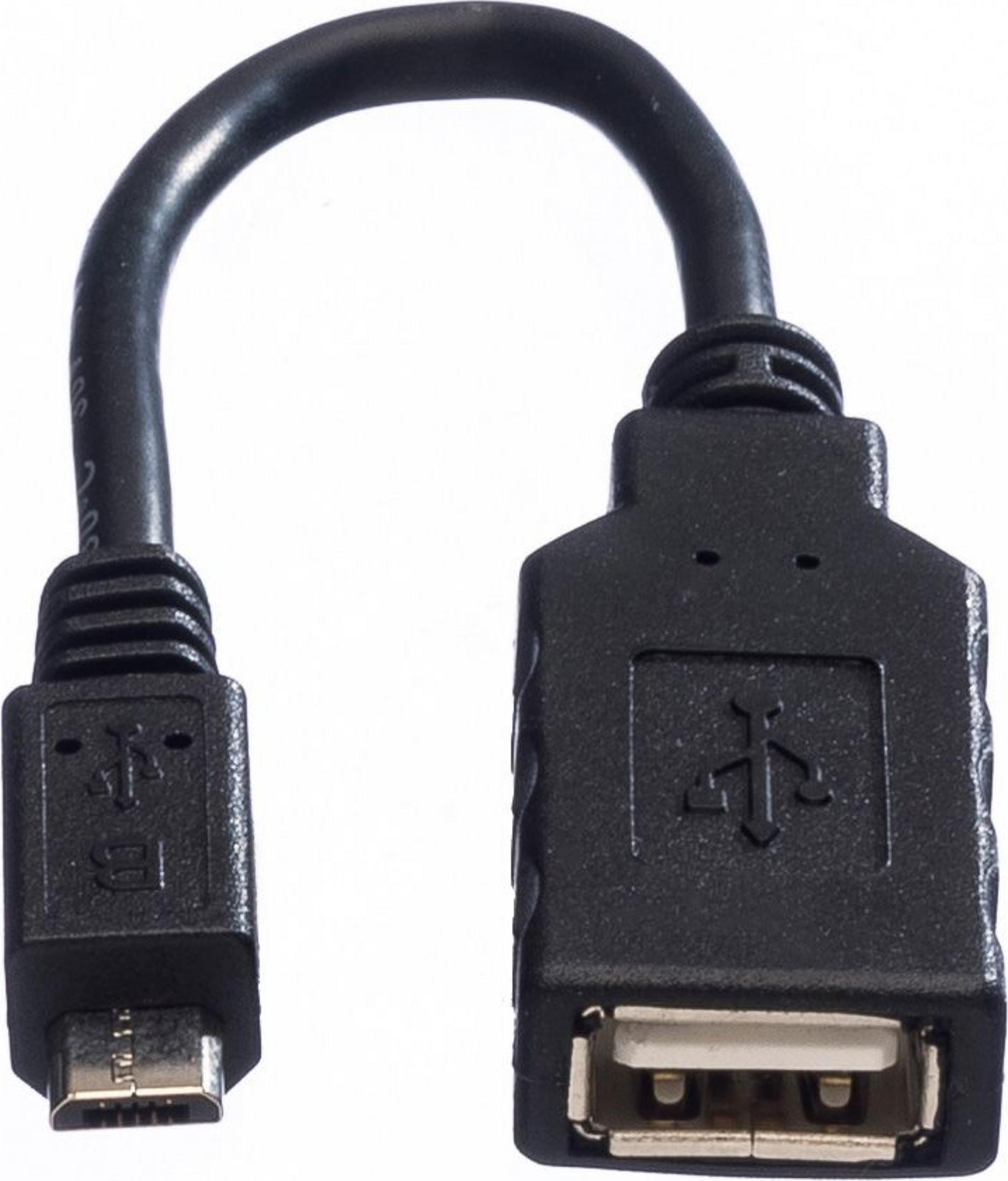 Een zwarte USB OTG-adapter met micro-USB- en USB-A-aansluitingen.