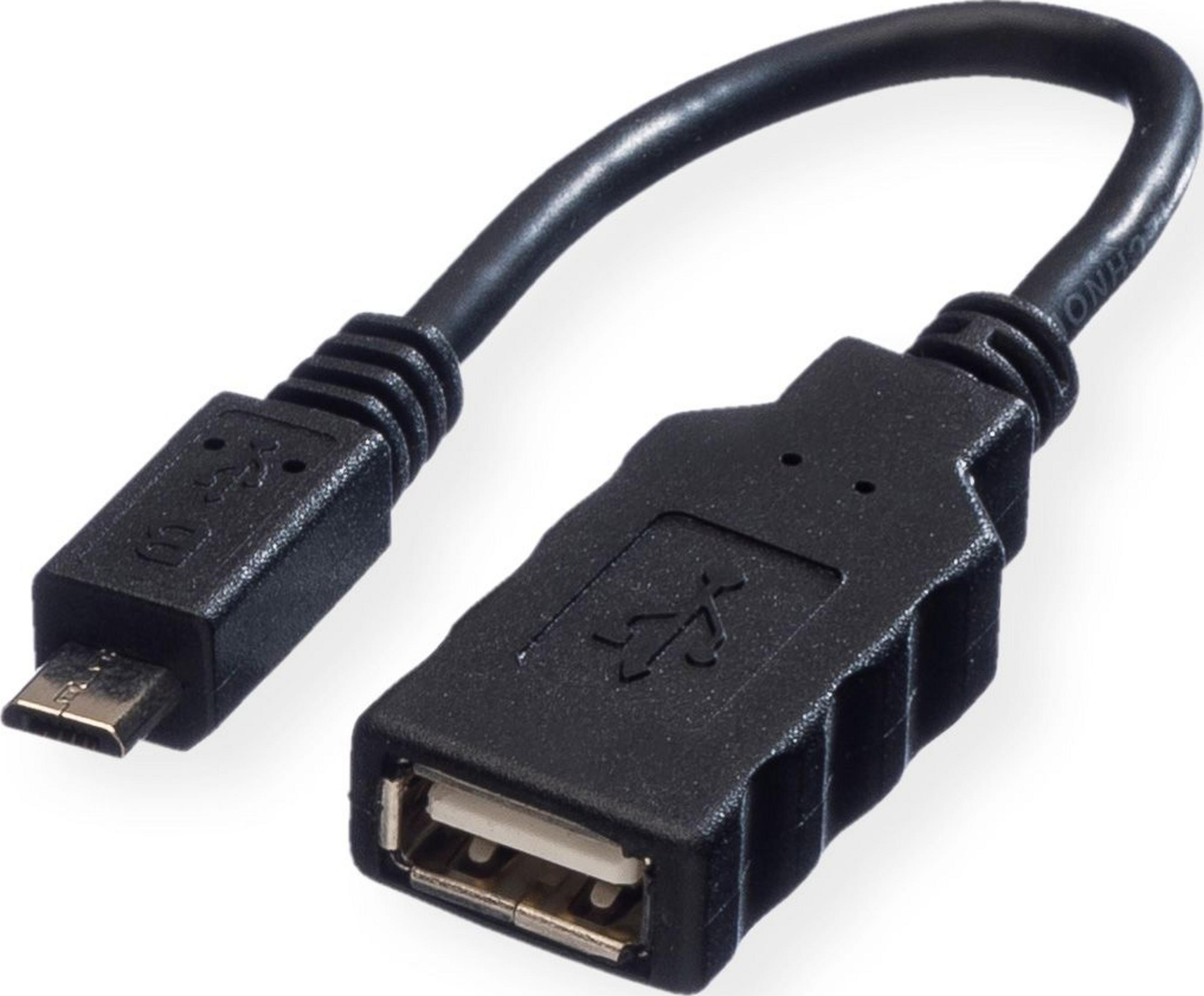 Een zwarte micro-USB naar USB-A adapterkabel met twee connectoren.
