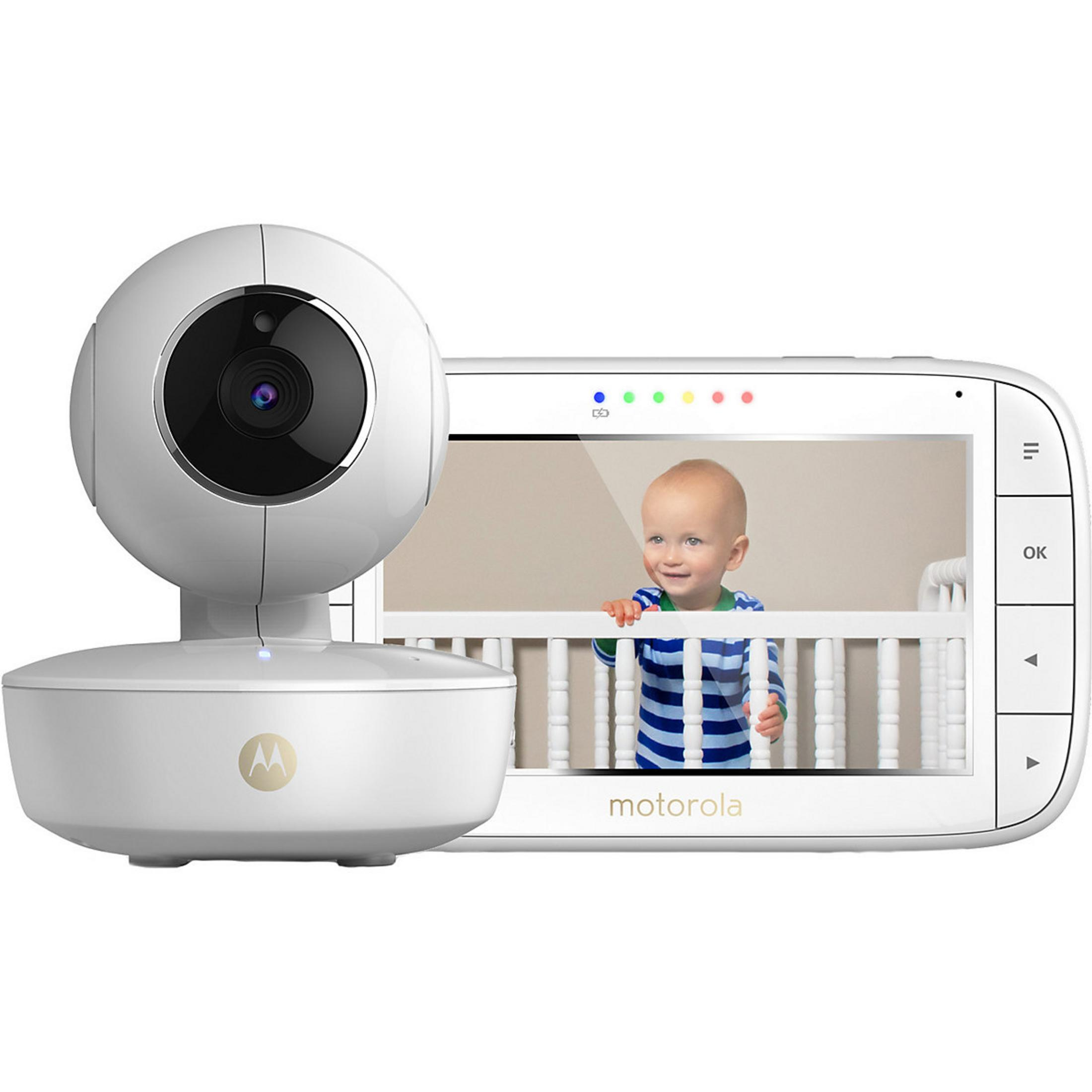 Ein Babyvideogerät mit Kamera und Monitor zeigt ein Baby in einem Gitterbett.