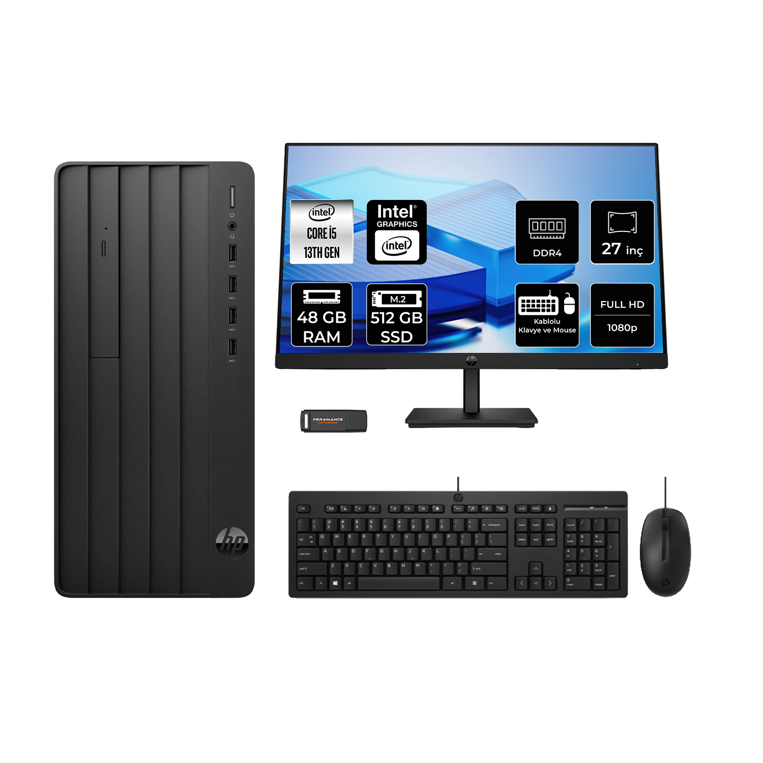 HP Pro Tower 290 G9 27" PER4 Bellek B6JD6ESPN789 Intel Core i5 13400 48 GB RAM 512 GB SSD FreeDOS Masaüstü Bilgisayar