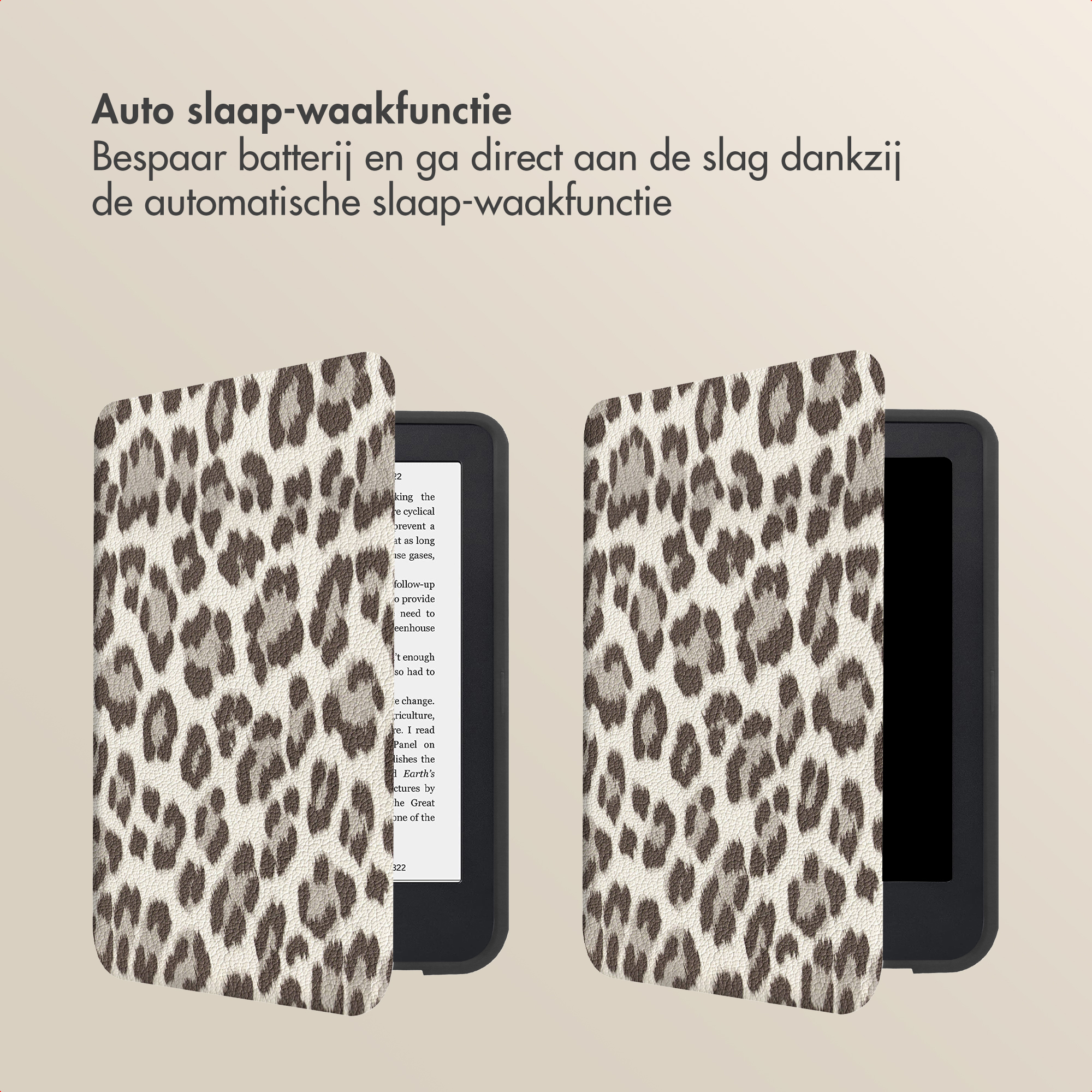 Two e-readers with leopard print cover, one open, one closed.
