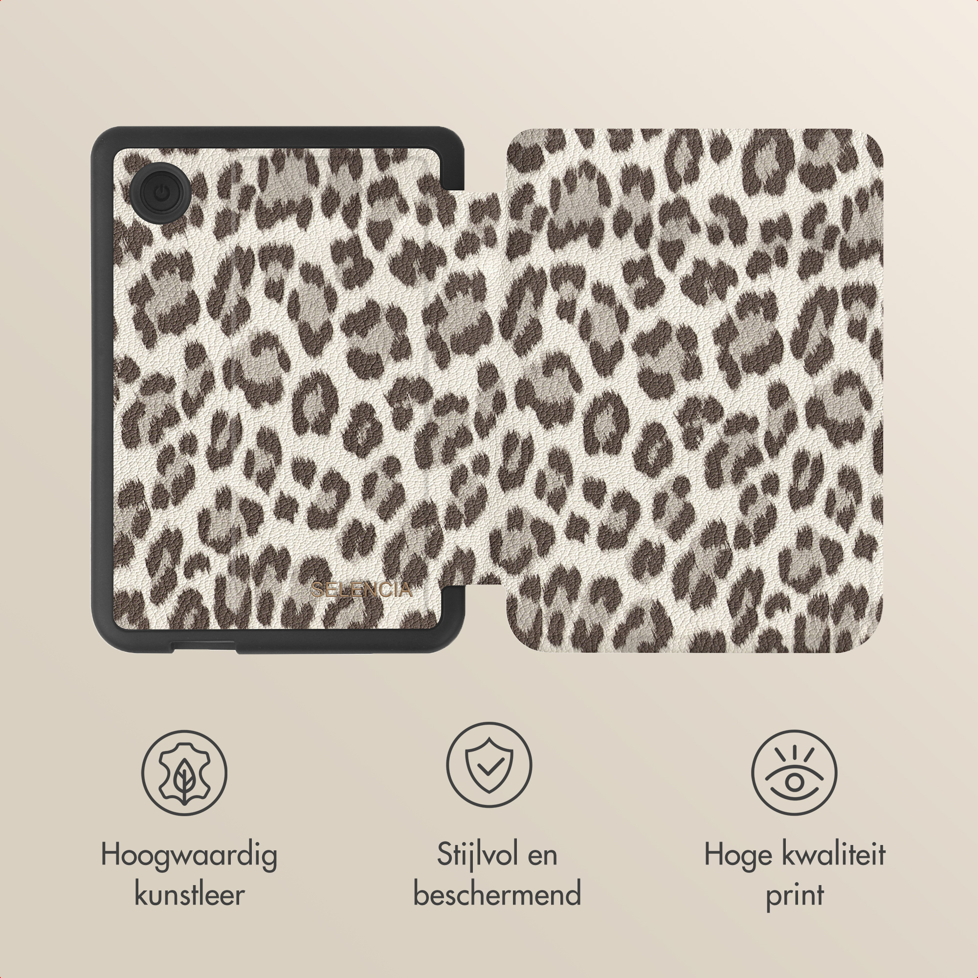 A tablet case with leopard print, faux leather, stylish and protective.