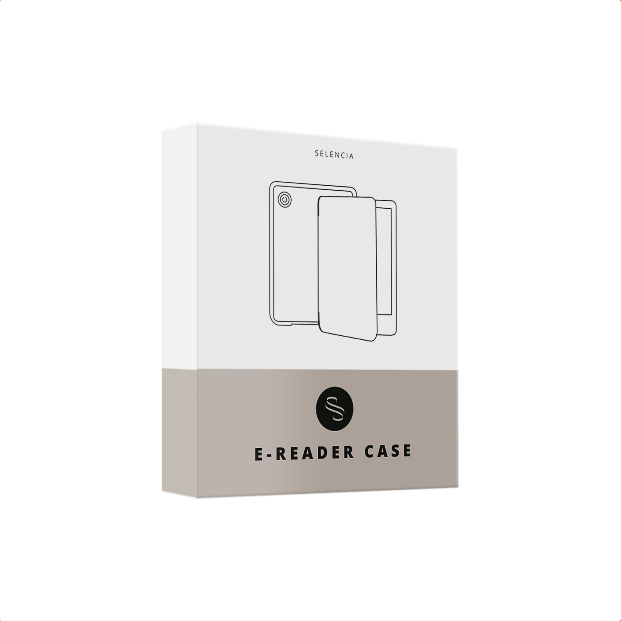 A white and gray box with a line drawing of an e-reader.