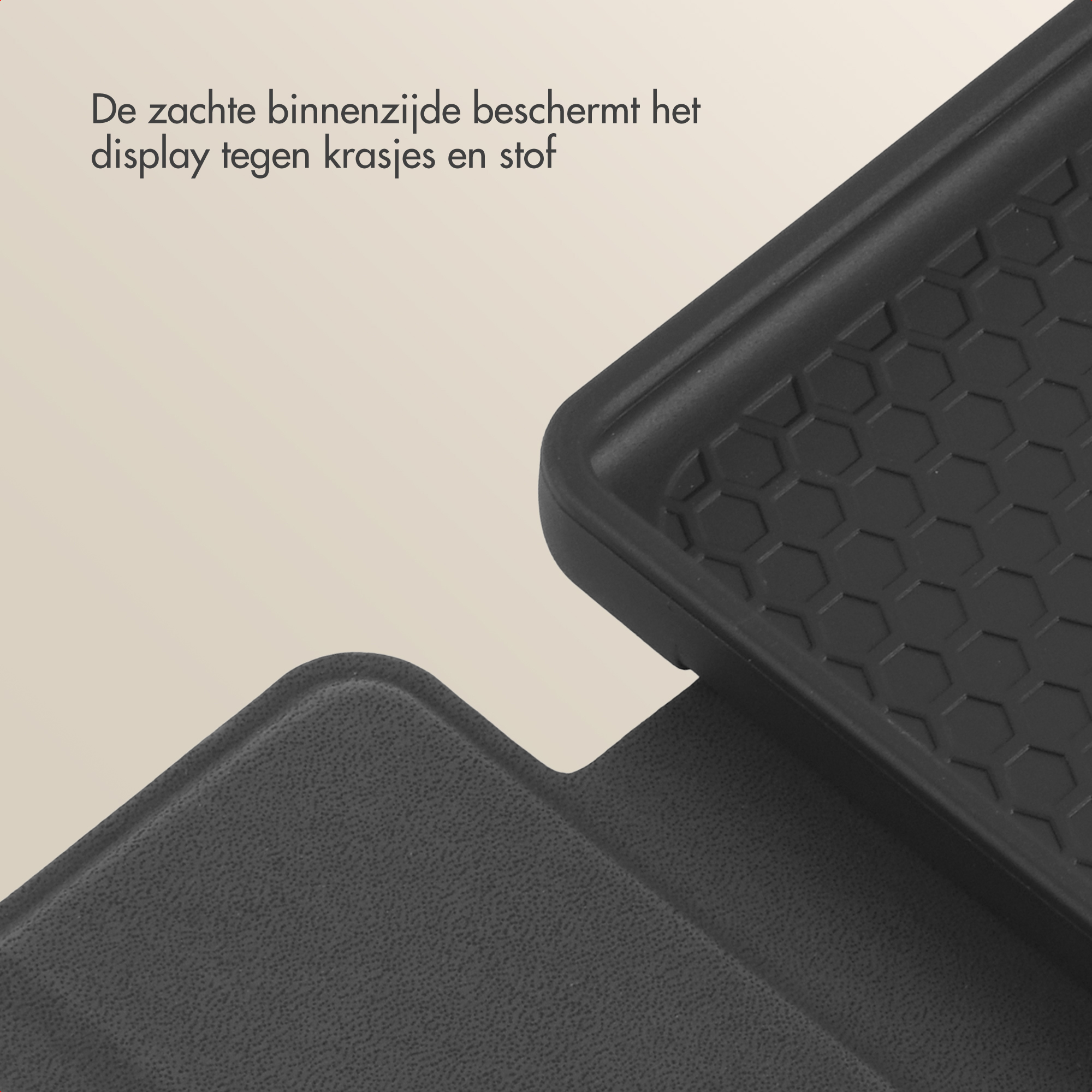 Black case with honeycomb pattern protects the screen.