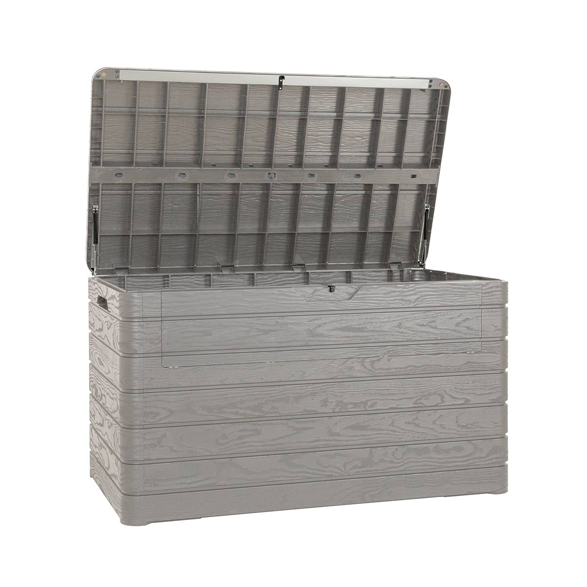 Coffre de jardin en plastique gris, couvercle ouvert, aspect grain de bois.