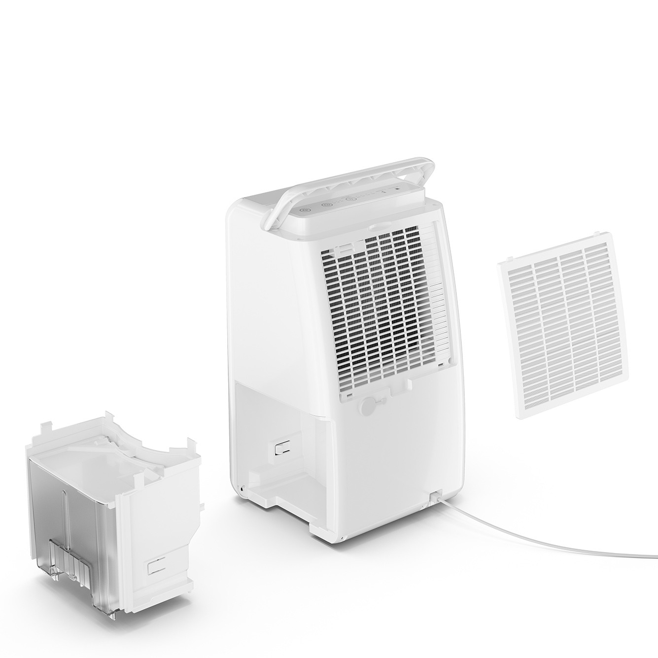 Un deumidificatore bianco con serbatoio dell'acqua e filtro rimovibili.