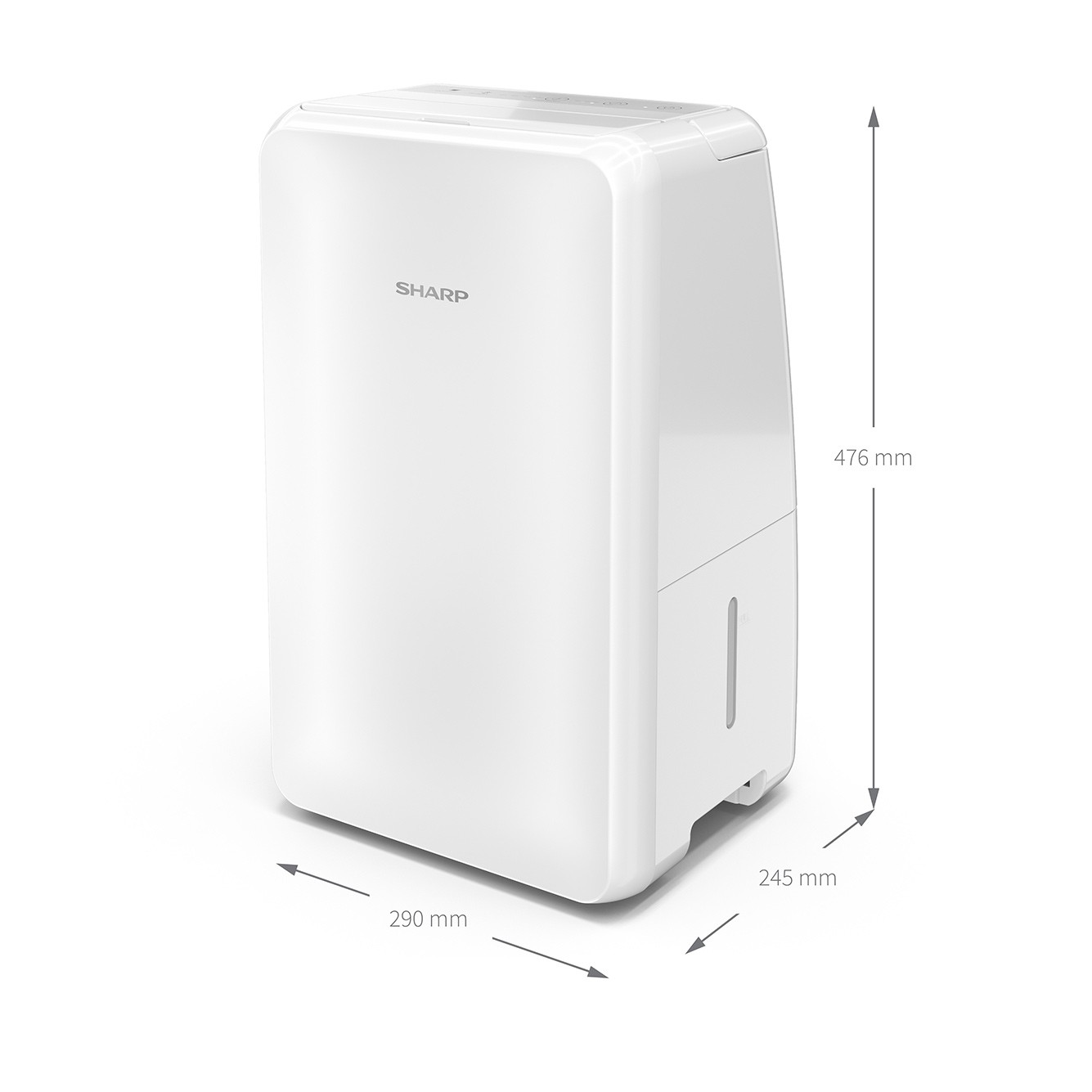 Un deumidificatore Sharp bianco con dimensioni 290x245x476 mm.