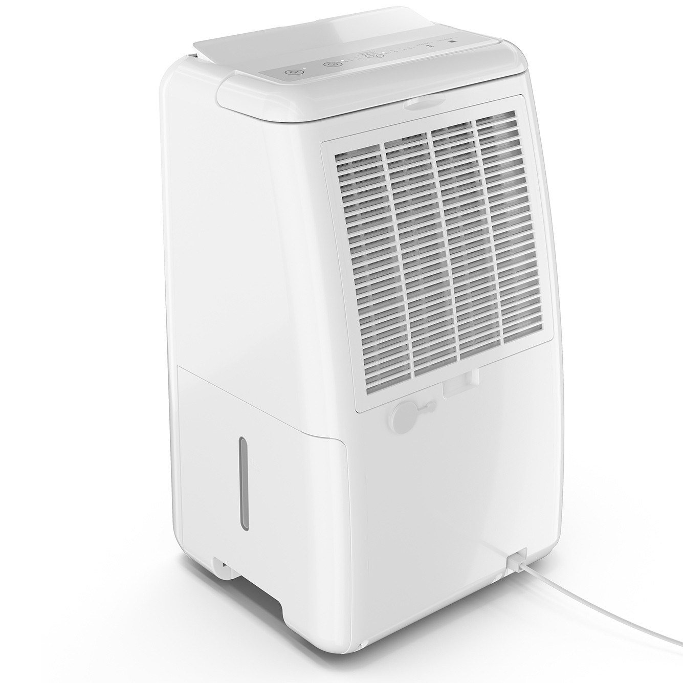Un deumidificatore bianco con griglia di ventilazione e indicatore di livello dell'acqua.