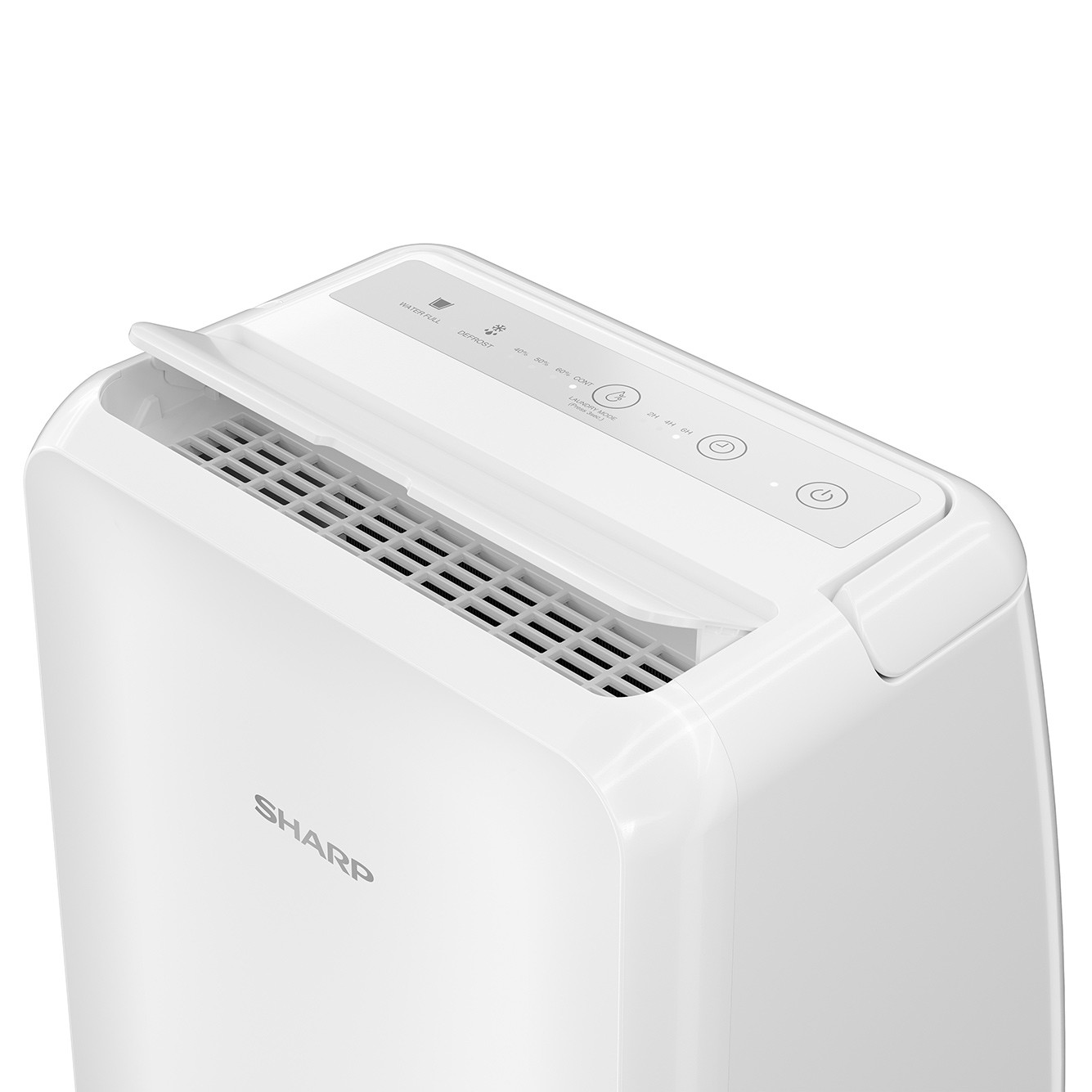 Deumidificatore Sharp bianco con pannello di controllo e prese d'aria. Vista ravvicinata.