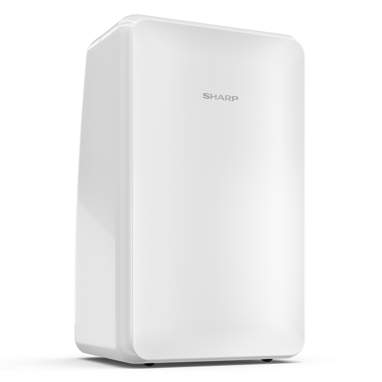 Un purificatore d'aria bianco e rettangolare con il logo SHARP sul davanti.