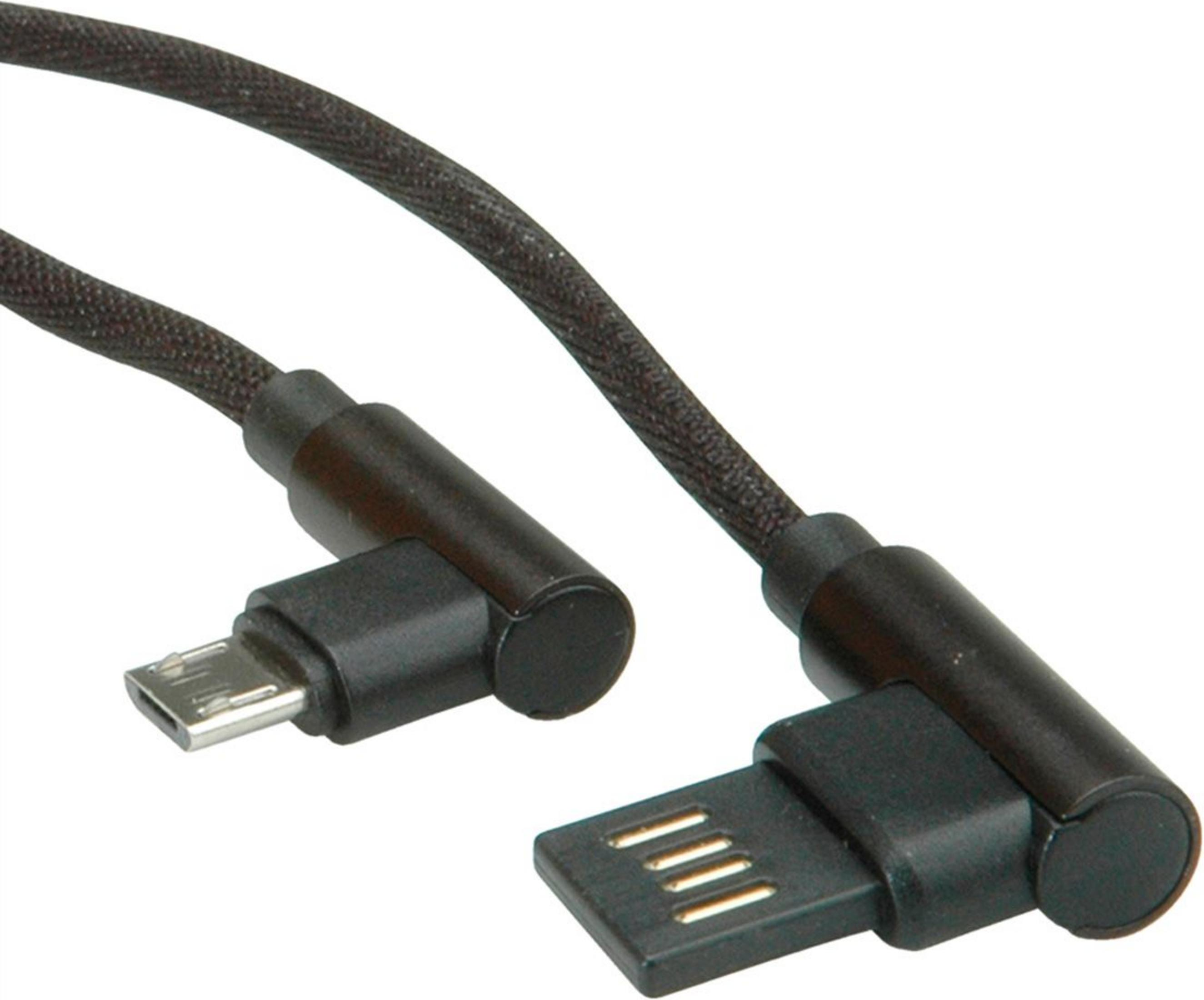 Ein schwarzes USB-Kabel mit gewinkeltem Micro-USB- und USB-A-Stecker.