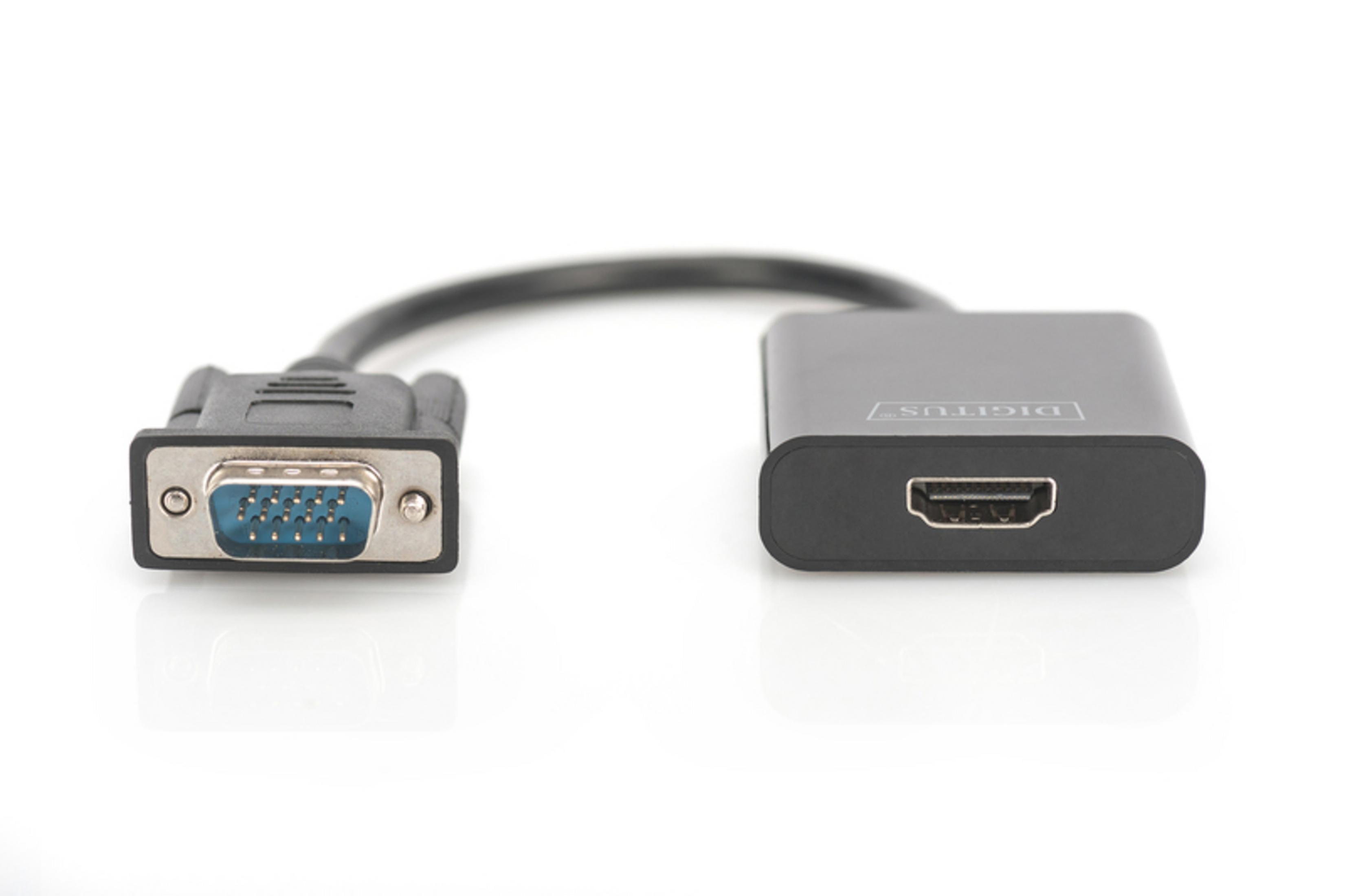 Beyaz arka plan üzerinde VGA konektörlü ve HDMI bağlantı noktalı siyah adaptör.