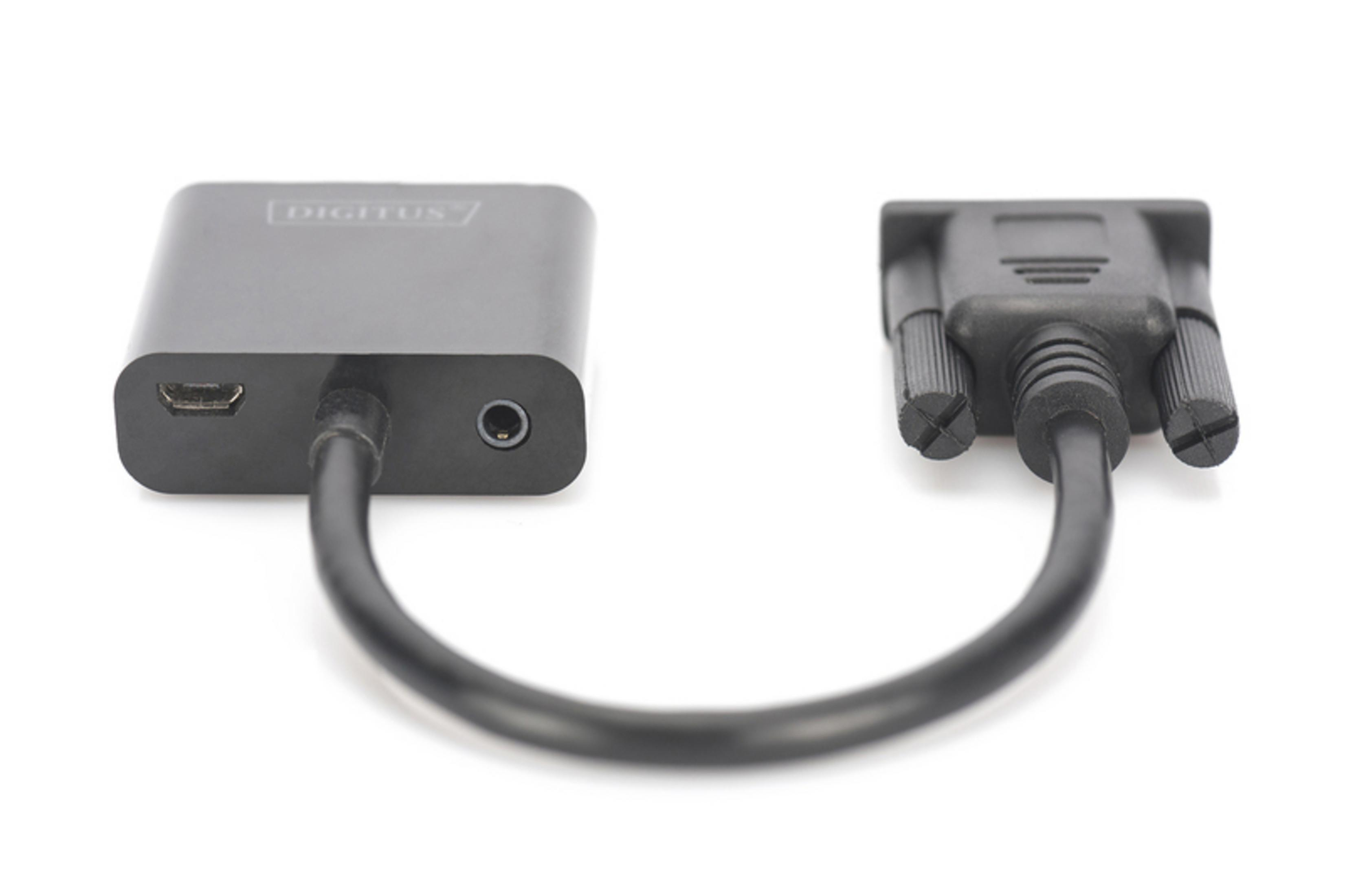 HDMI ve ses bağlantı noktalarına sahip siyah adaptör ve VGA konektörü.