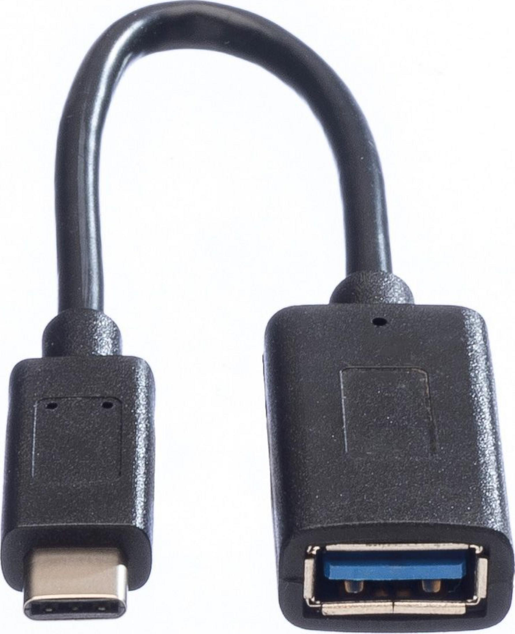 A black USB-C to USB-A adapter cable. White background.