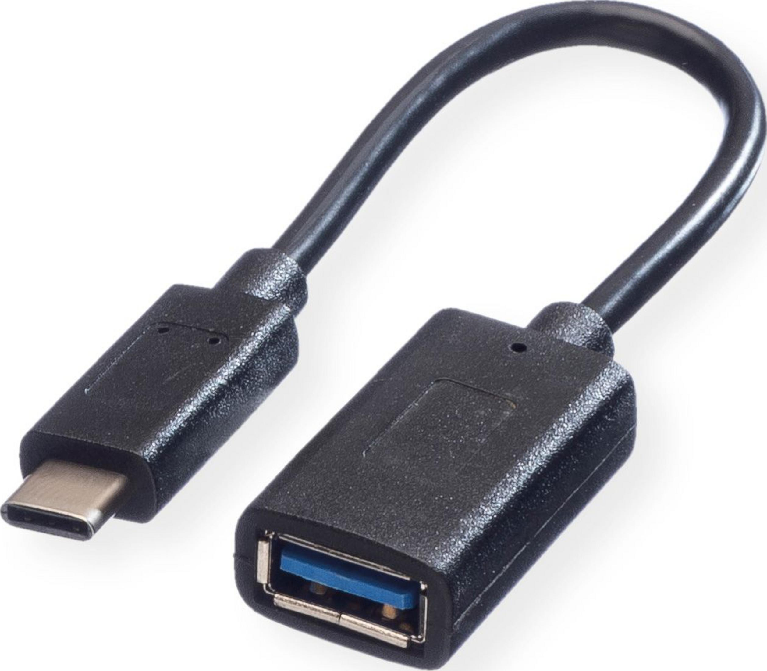 Black USB-C to USB-A adapter with a curved cable. Close-up view.