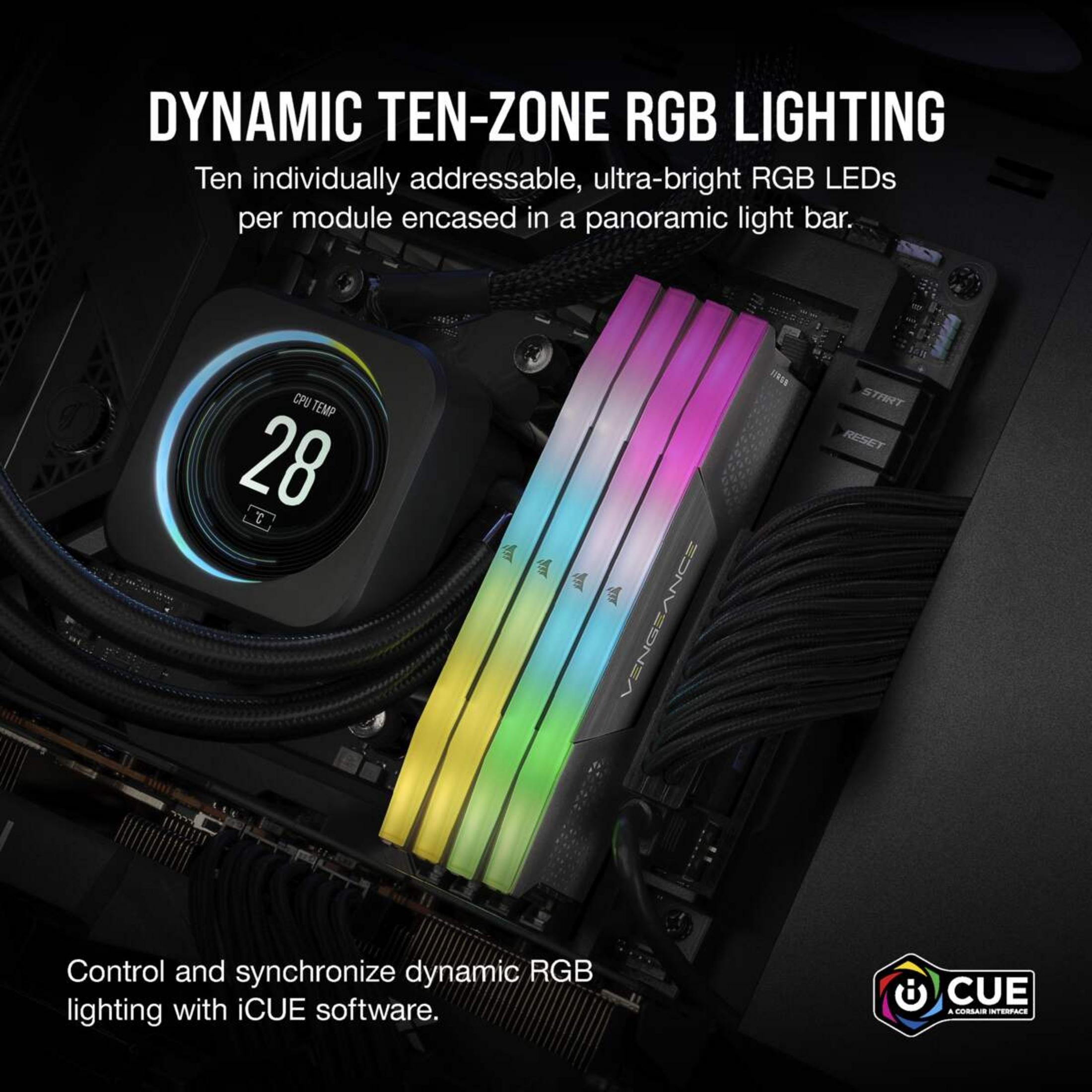 Computerkomponenten: RGB-RAM, CPU-Kühler mit Temperaturanzeige und Kabeln.