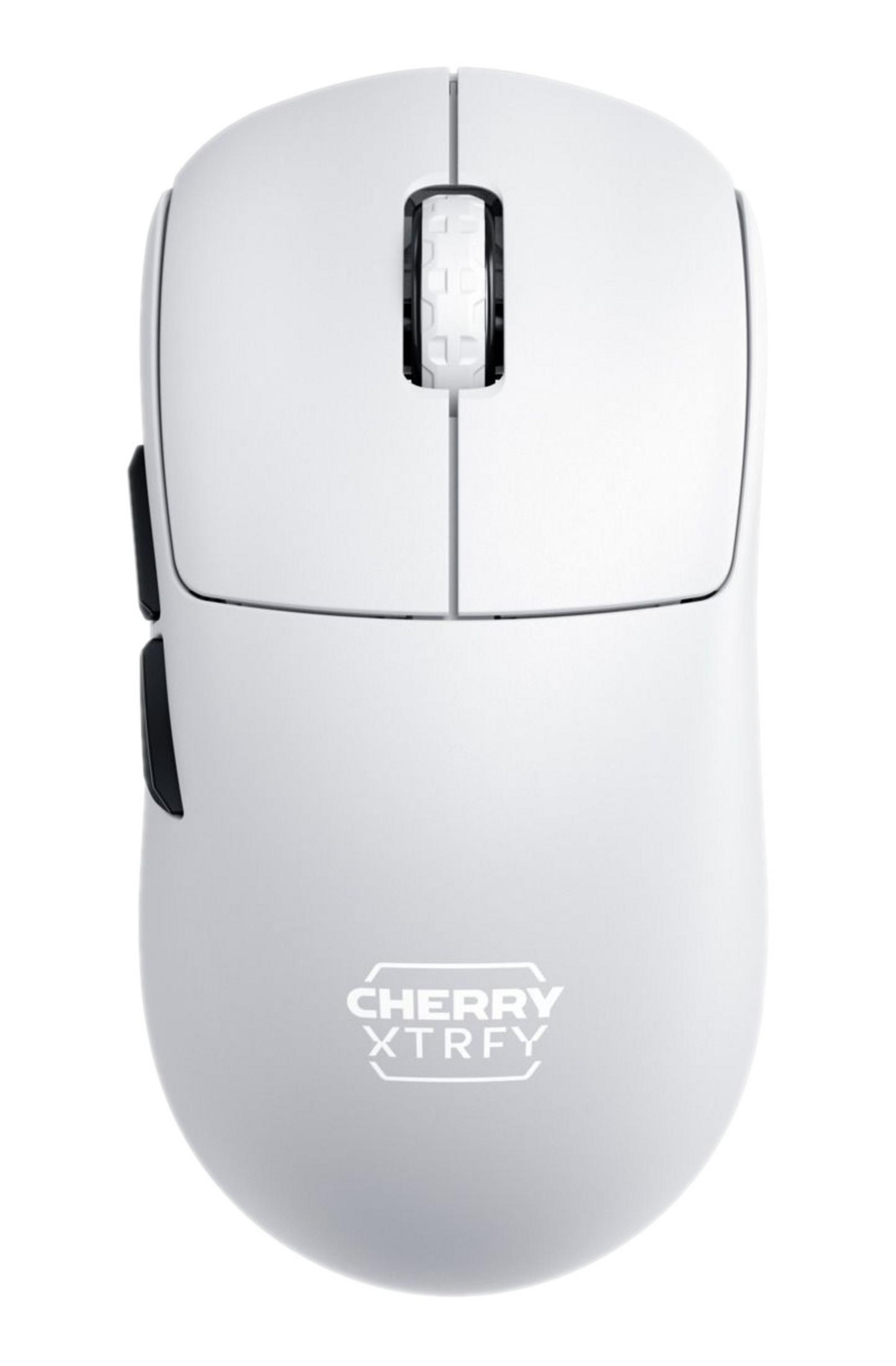 Mouse gaming bianco con rotella, pulsanti e logo.