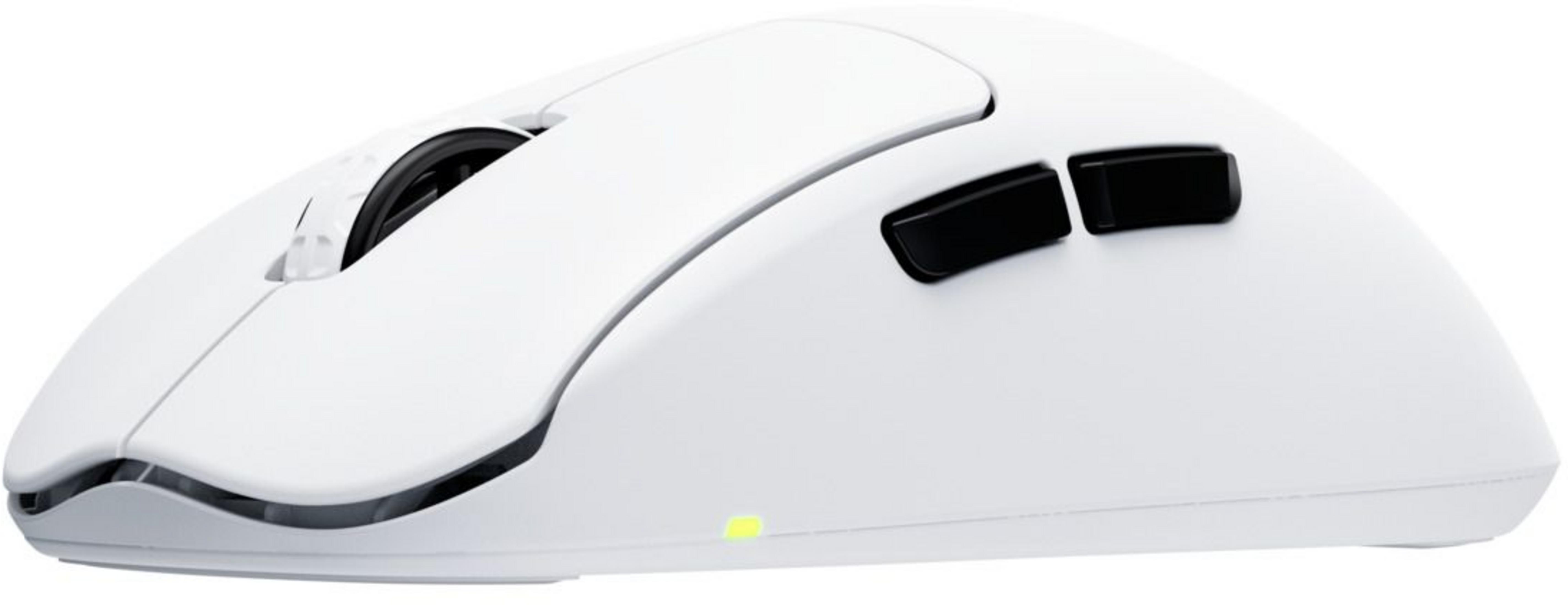 Un mouse bianco da gioco con pulsanti neri e una piccola luce LED verde.